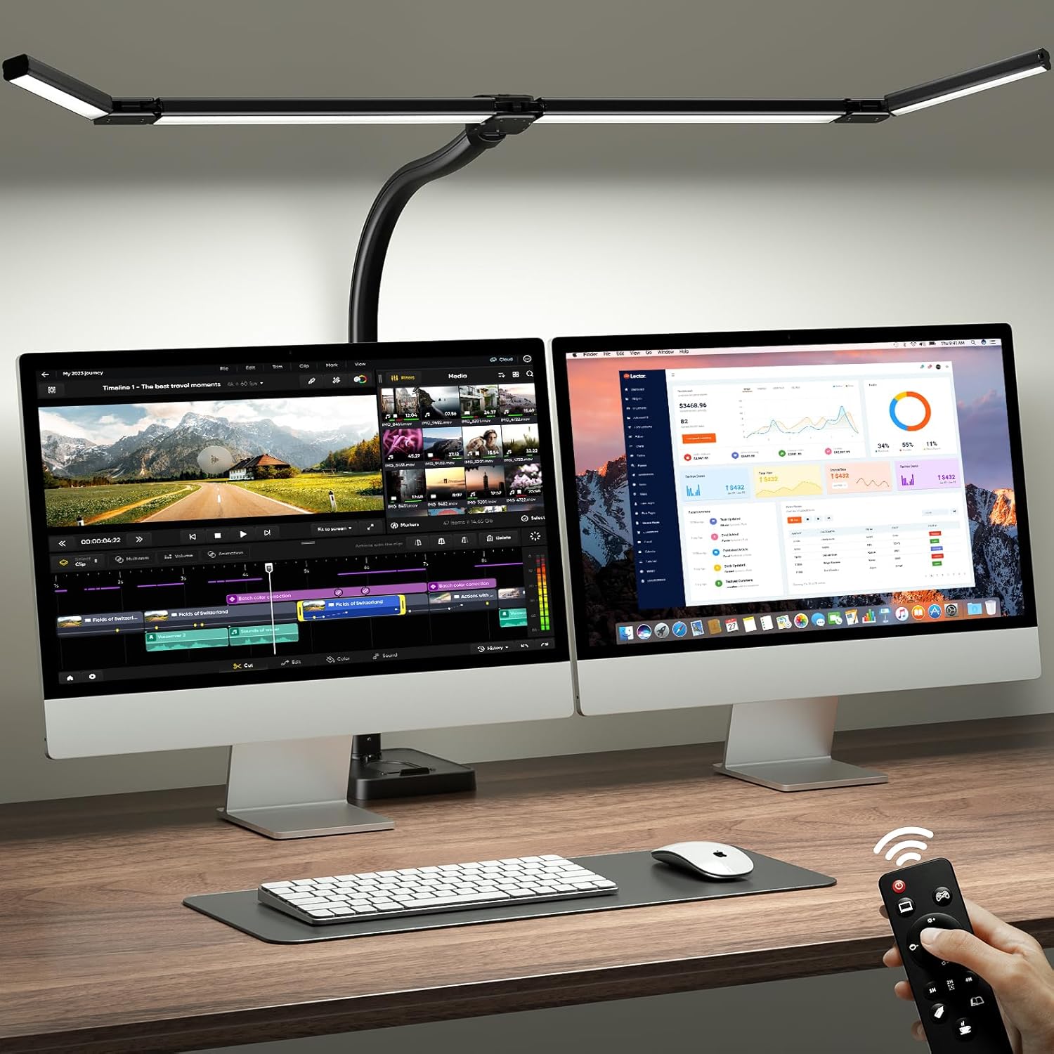 ONEMIX 42" LED Desk Lamp with Clamp, Architect Desk Light with Remote, Adjustable 4-Segment Bar, 1800LM Bright, Eye-Caring Desk Lamp for Home Office, Reading, Study, Dual Monitors, Workbench (Black)