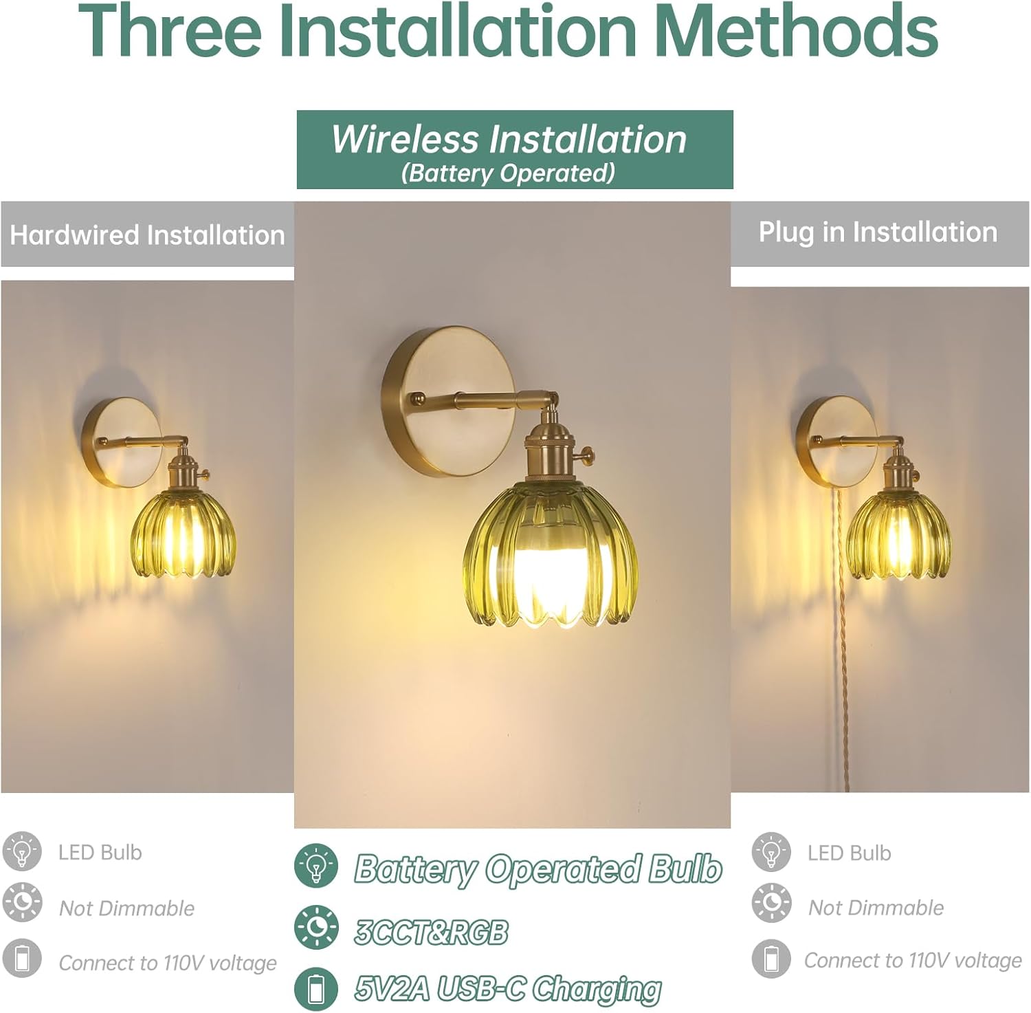 Vintage Battery Operated Wall Sconce with Cute Green Tulip Glass Lampshade Wireless Rechargeable Battery Powered Wall Light with Remote Control for Bedside Bedroom Doorway