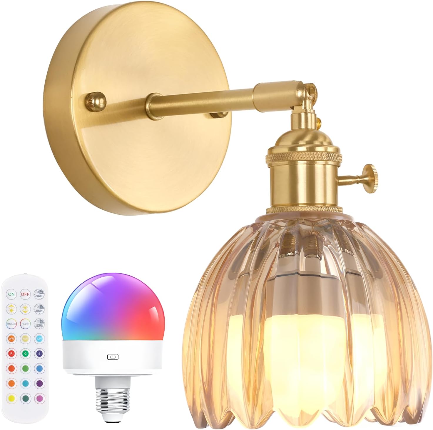 Vintage Battery Operated Wall Sconce with Cute Green Tulip Glass Lampshade Wireless Rechargeable Battery Powered Wall Light with Remote Control for Bedside Bedroom Doorway