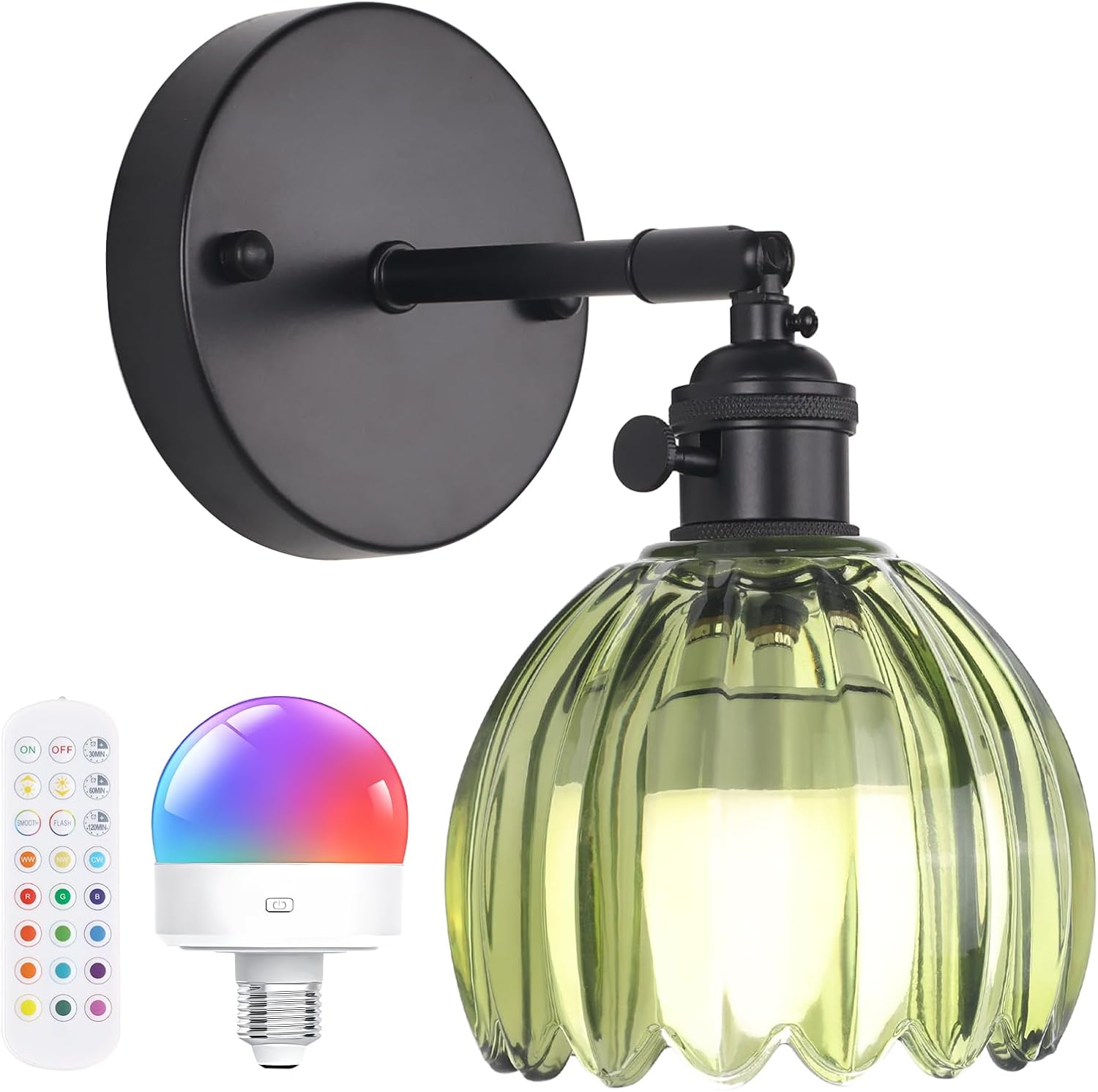 Vintage Battery Operated Wall Sconce with Cute Green Tulip Glass Lampshade Wireless Rechargeable Battery Powered Wall Light with Remote Control for Bedside Bedroom Doorway
