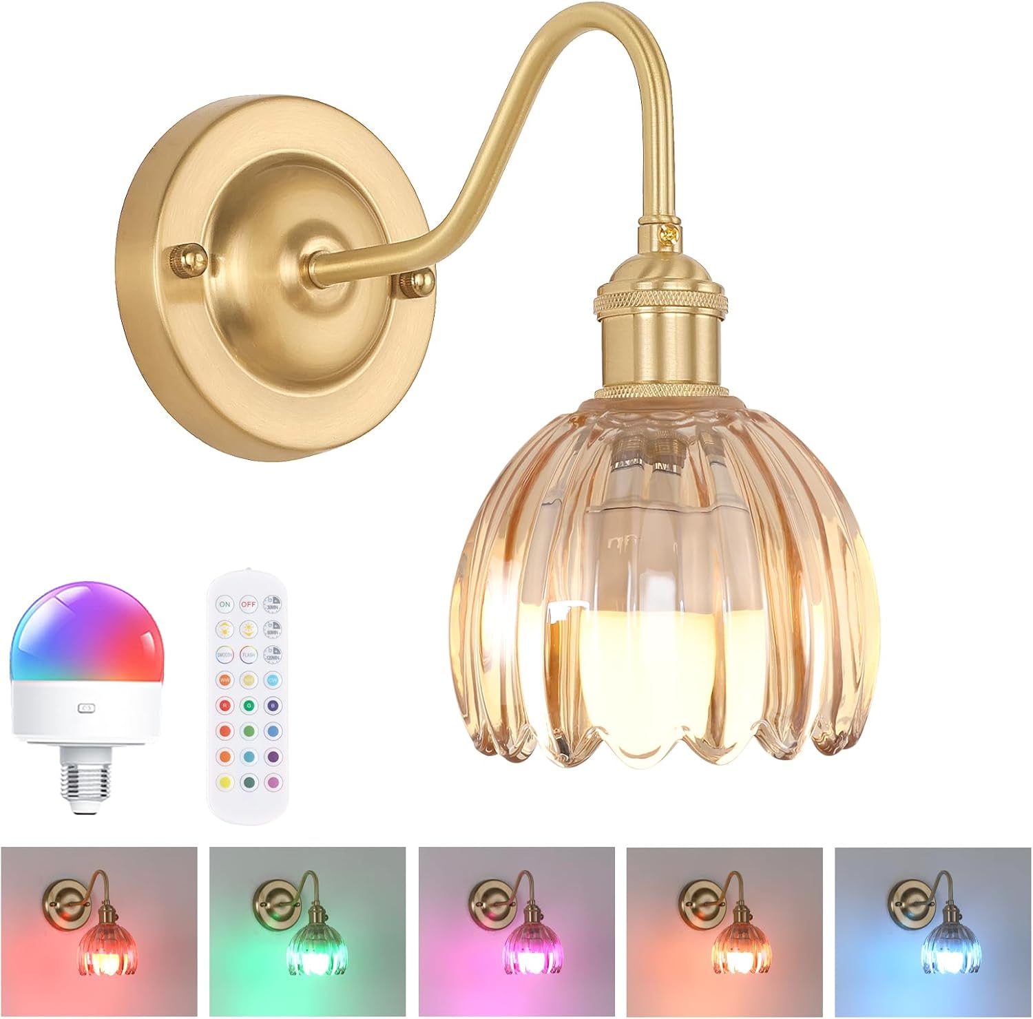 Vintage Battery Operated Wall Sconce with Cute Green Tulip Glass Lampshade Wireless Rechargeable Battery Powered Wall Light with Remote Control for Bedside Bedroom Doorway