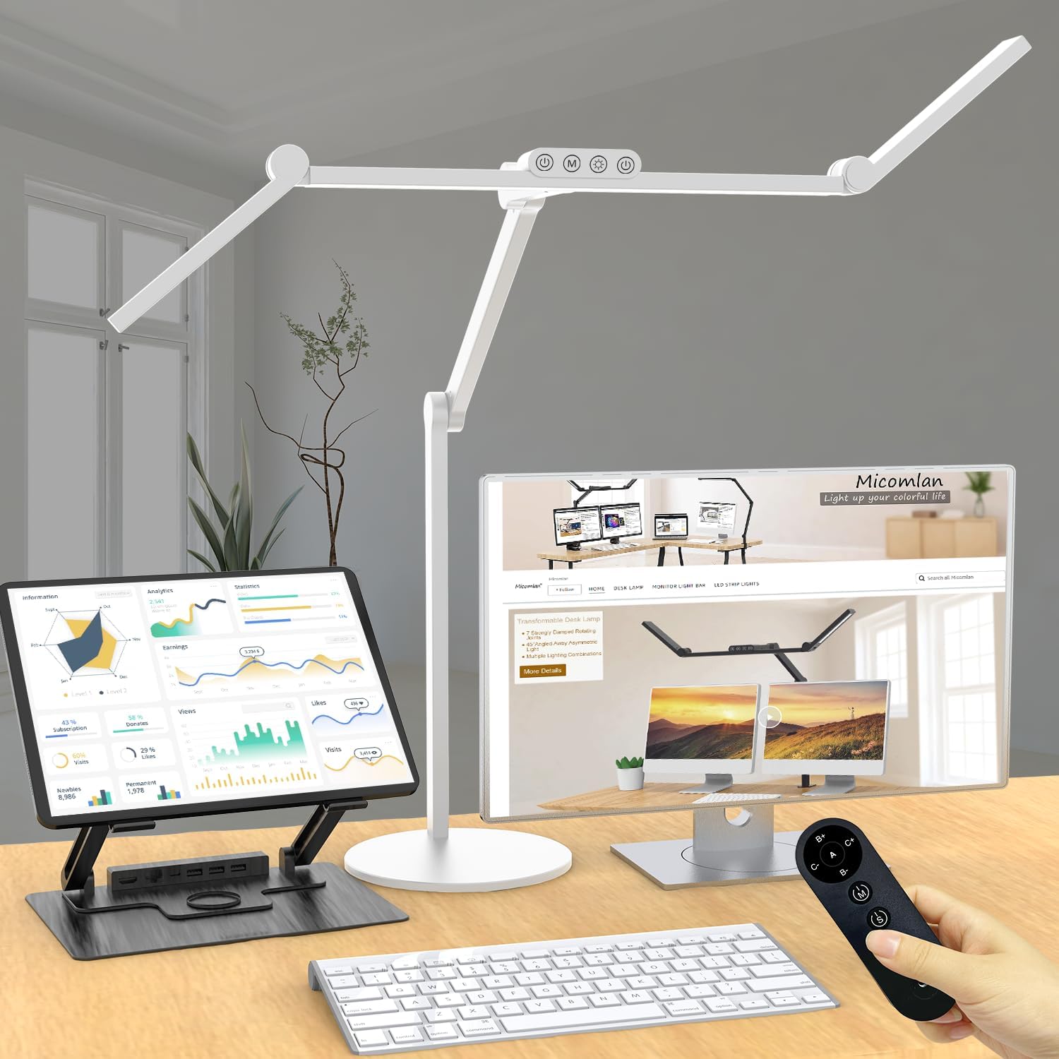 Micomlan Architect Desk Lamp with Atmosphere Lighting, Adjustable Led Desk Light for Home Office with Base, 24W Bright Auto Dimming Table Light with Rotatable Swing Arm for Workbench Computer