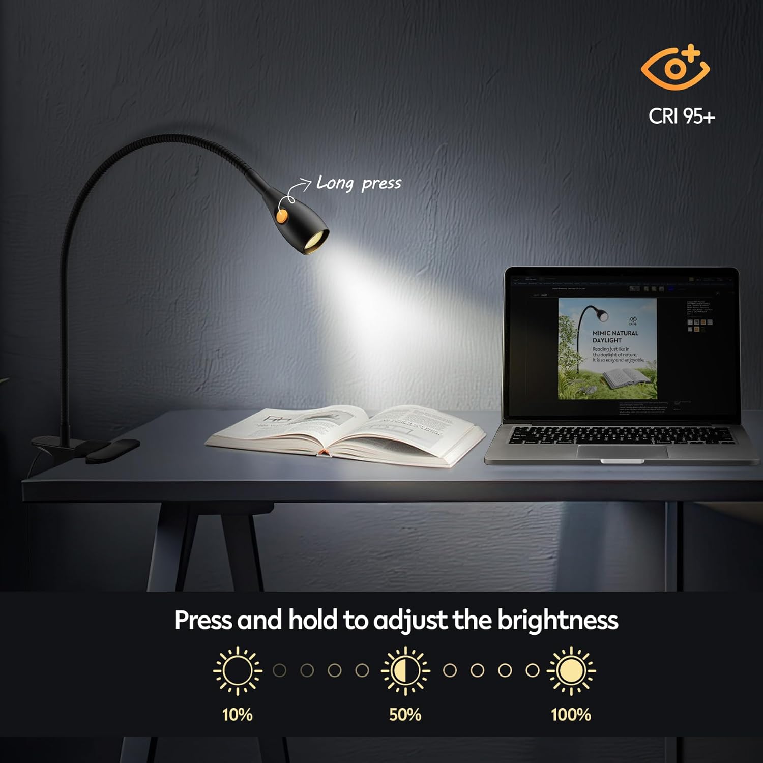 acegoo Minimalist Reading Light for Bed Headboard Dimmable Book Light Clip on Lamp with USB-C Adapter, Flexible Neck & Handy Lamp Head Switch, CRI 95+