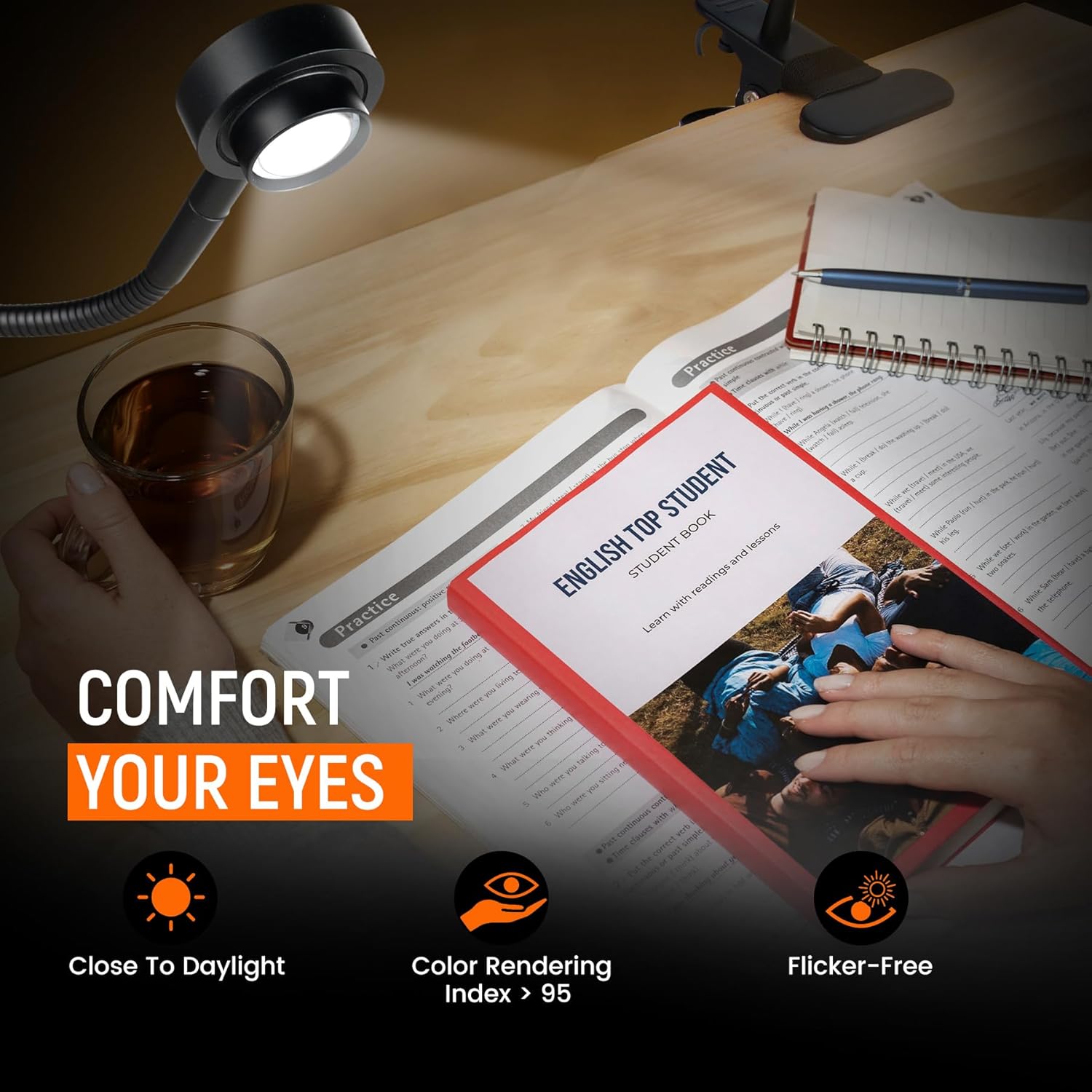 Clip On Light, 3 Color Mode Dimmable LED Book Light, Flexible Reading Light Desk Lamp for Studying,Working,Crafting,Hobbies, Eye-Care CRI95+,USB-C Adapter Included