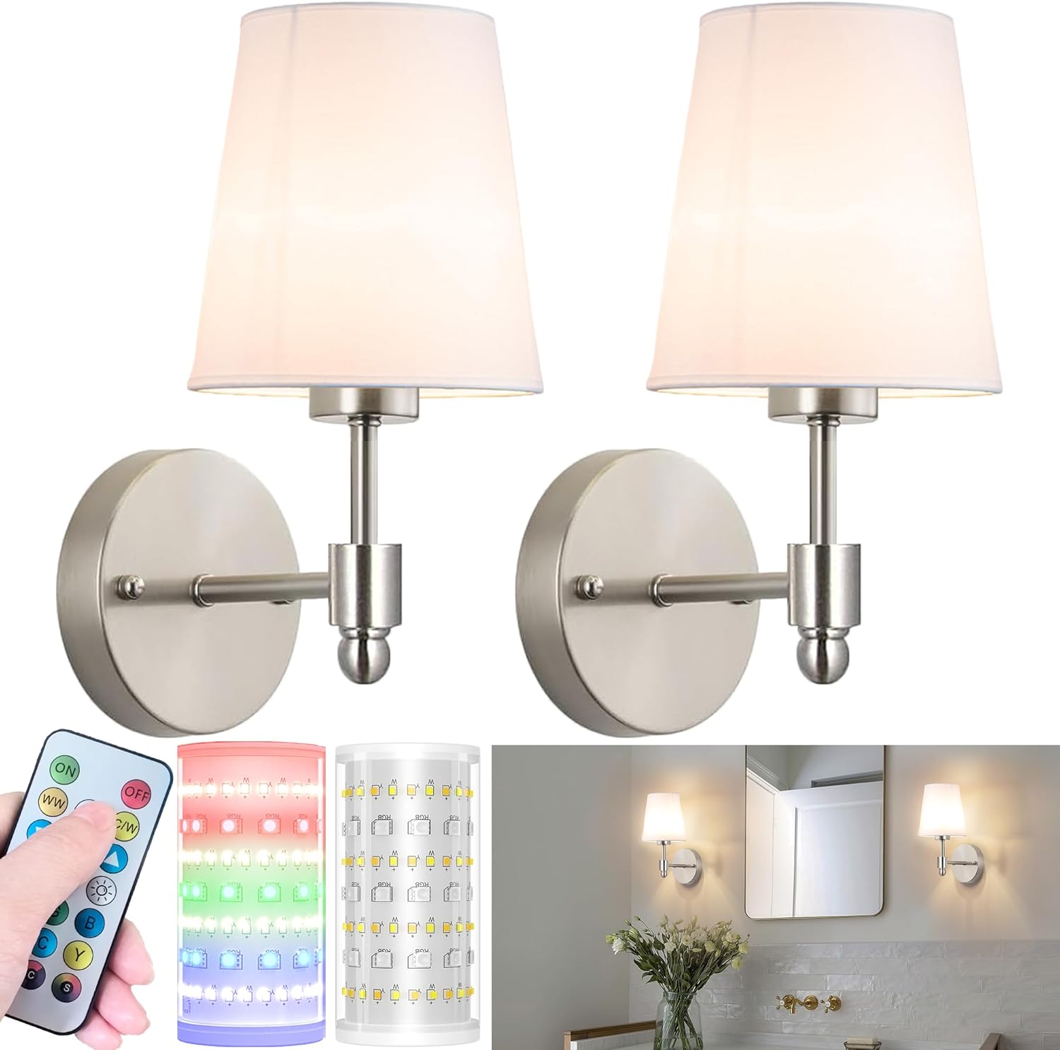 Battery Operated Wall Sconces Set of Two, Wireless Battery Wall Light with 10000mAh RGB Dimmable Magnetic Bulb and Remote, Rechargeable Sconce Wall Decor for Bedroom Living Room Hallway