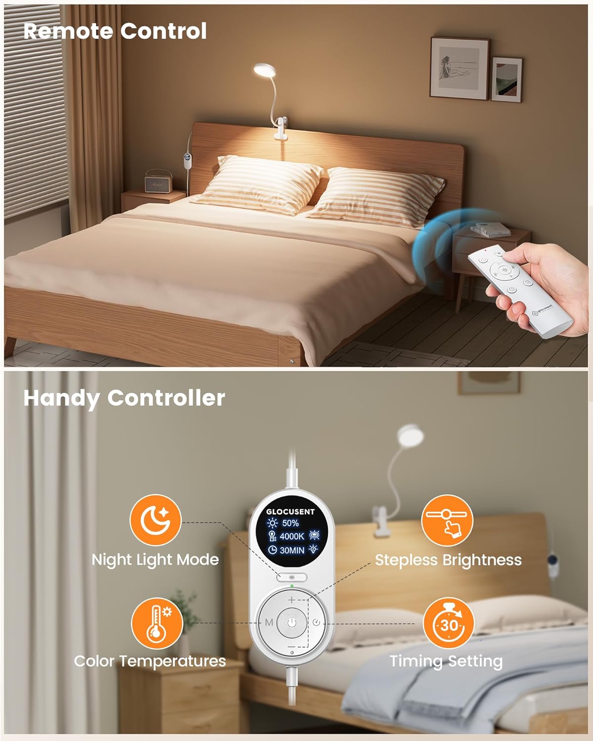 Glocusent 72 LED Clip on Lamp with Remote, Reading Light with Amber Ring, 3 Colors & 5 Dimmable Bed Lamp, 30/60-Min Auto Off Timer, Clamp Light for Headboard/Dorm/Bunk (White)