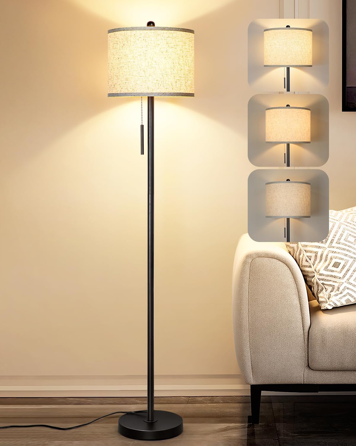 Brushed Nickel Floor Lamp for Living Room, Adjustable Height Standing Lamp with Metal Base, 3-Way Dimmable Tall Pole Light with White Linen Shade for Bedroom, Pull Chain Switch, 6W LED Bulb Included