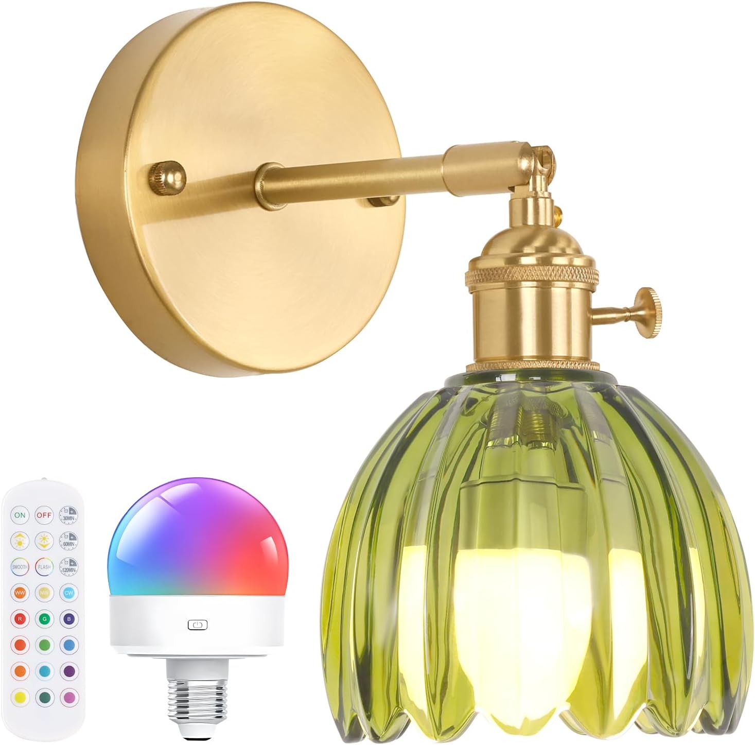 Vintage Battery Operated Wall Sconce with Cute Green Tulip Glass Lampshade Wireless Rechargeable Battery Powered Wall Light with Remote Control for Bedside Bedroom Doorway