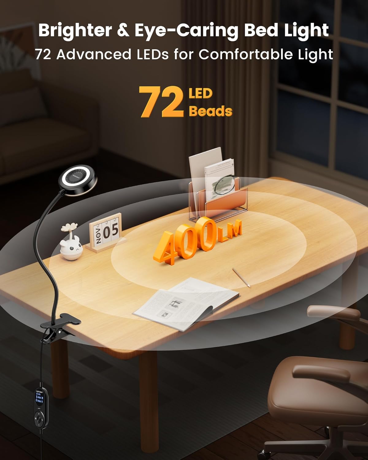 Glocusent Clip on Light, 72 LEDs Clip on Lamp with Amber Night Light, 3 Colors & 5 Brightness Bed Lamp, 30/60-Min Auto Off Timer, Perfect Eye Caring Reading Lamps for Bed/Headboard/Table/Desk