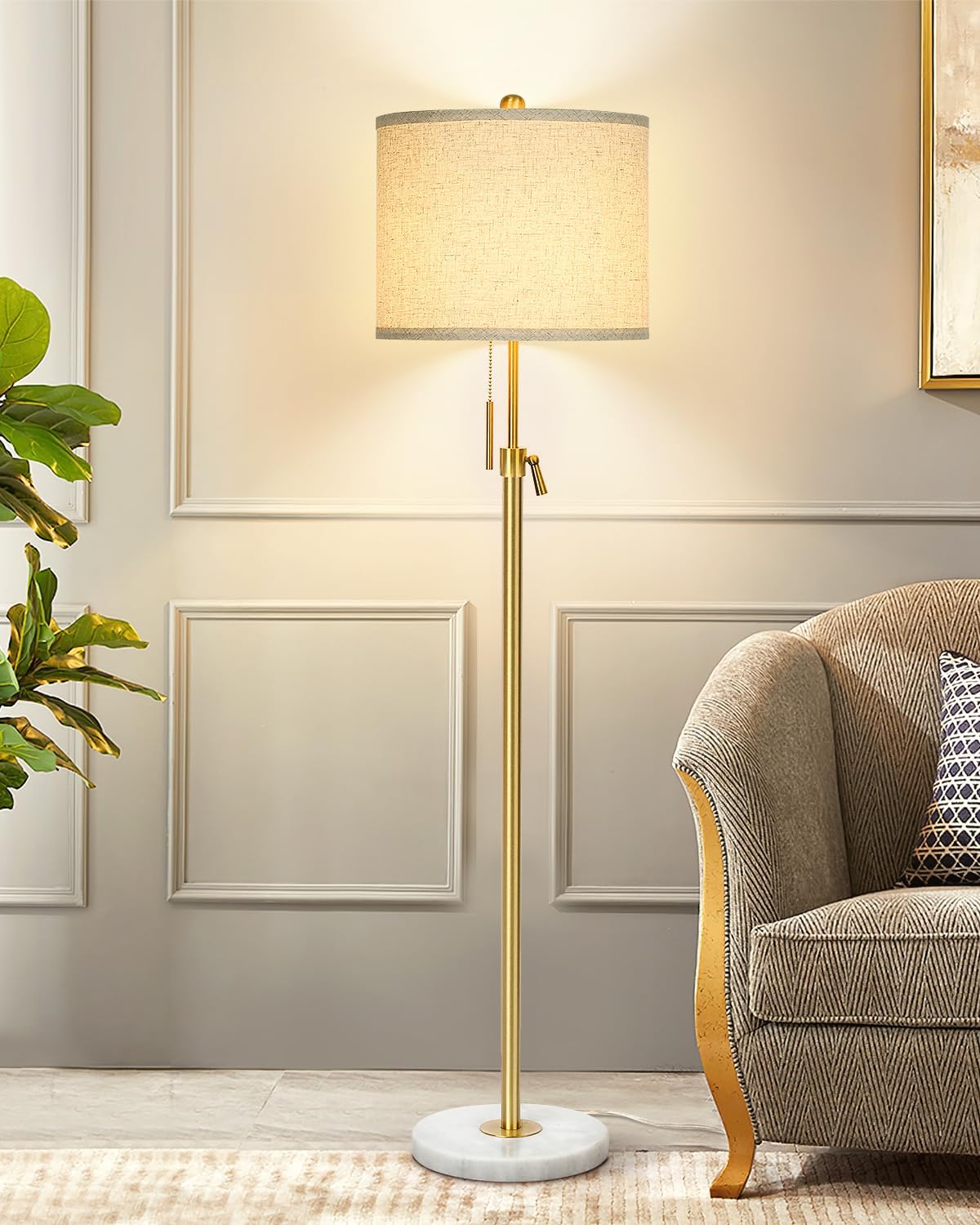 Brushed Nickel Floor Lamp for Living Room, Adjustable Height Standing Lamp with Metal Base, 3-Way Dimmable Tall Pole Light with White Linen Shade for Bedroom, Pull Chain Switch, 6W LED Bulb Included