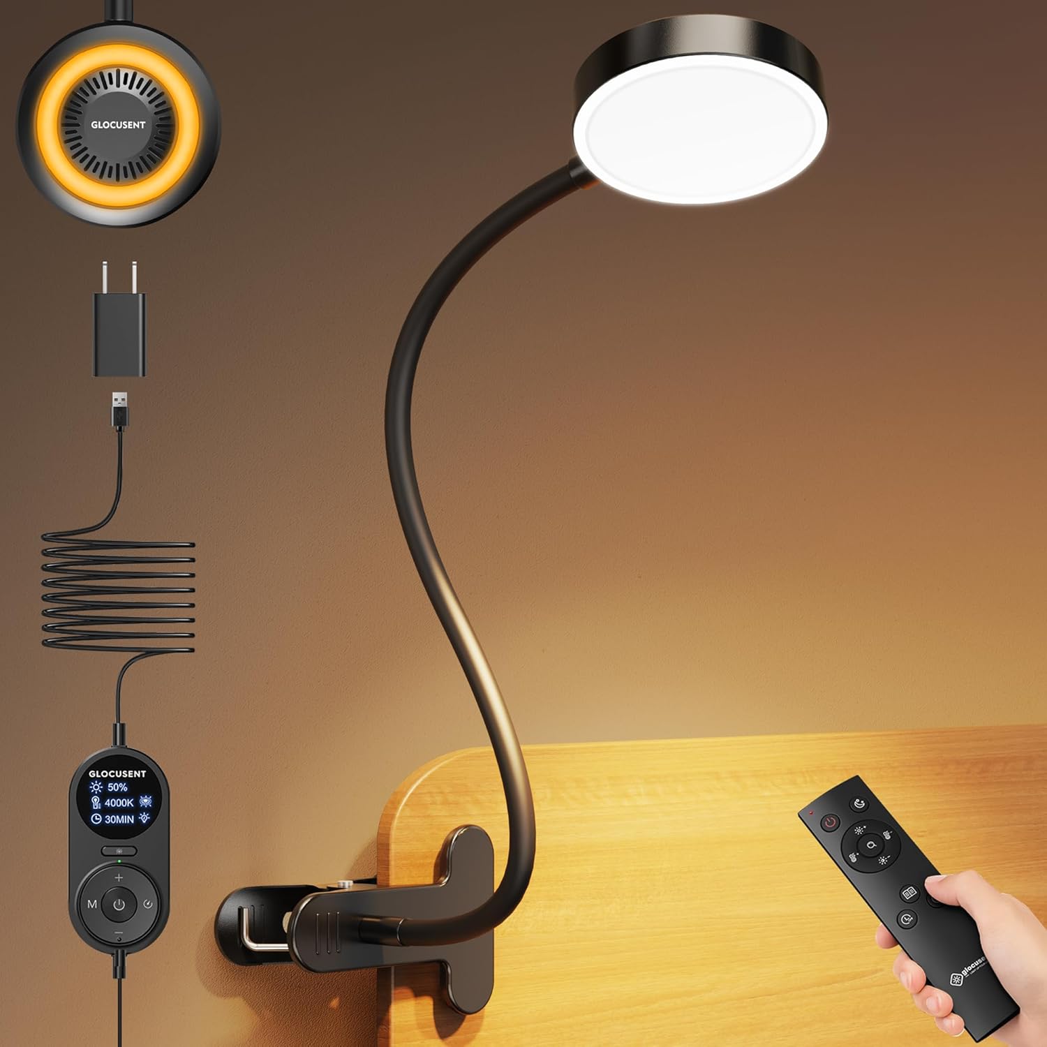 Glocusent Clip on Light, 72 LEDs Clip on Lamp with Amber Night Light, 3 Colors & 5 Brightness Bed Lamp, 30/60-Min Auto Off Timer, Perfect Eye Caring Reading Lamps for Bed/Headboard/Table/Desk