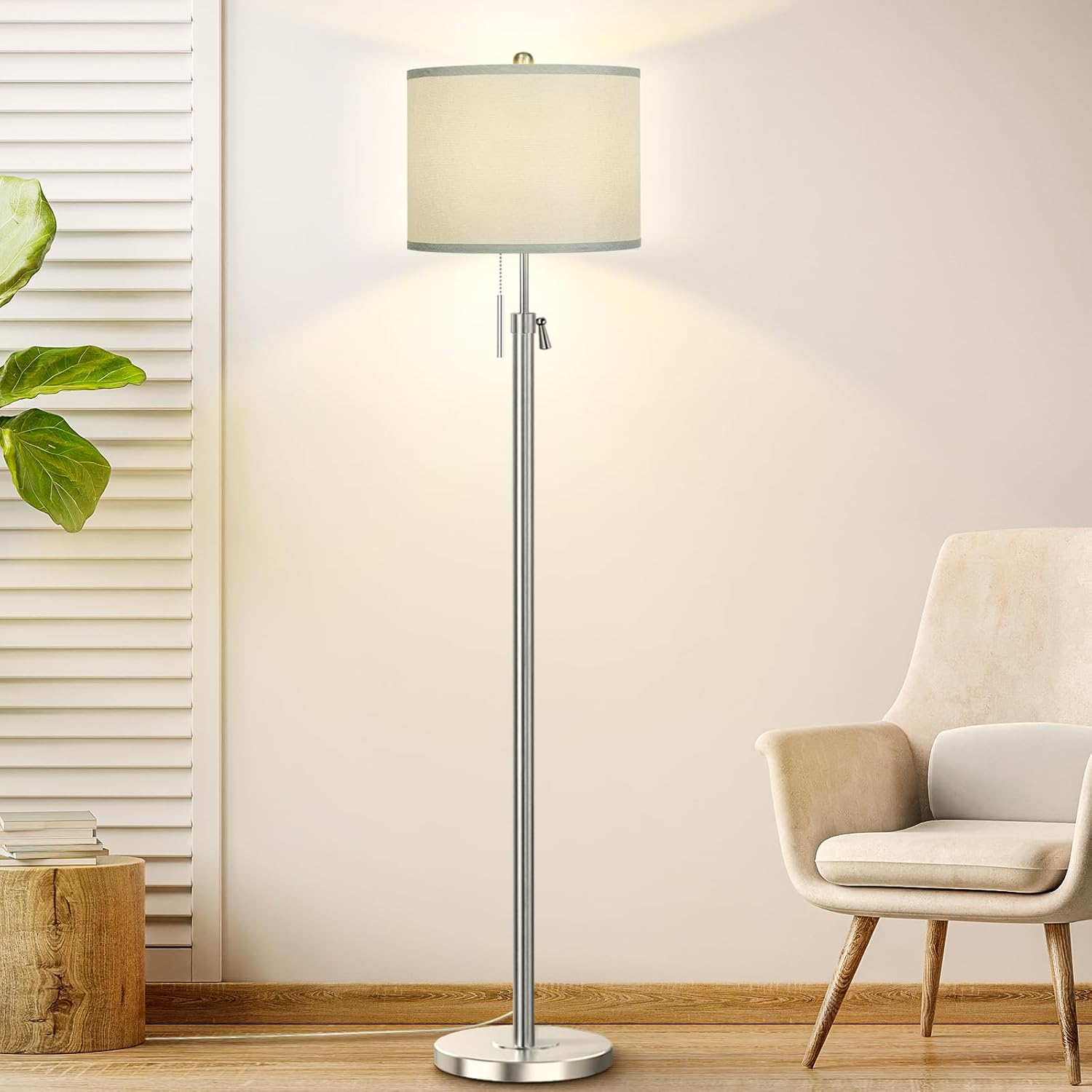 Brushed Nickel Floor Lamp for Living Room, Adjustable Height Standing Lamp with Metal Base, 3-Way Dimmable Tall Pole Light with White Linen Shade for Bedroom, Pull Chain Switch, 6W LED Bulb Included