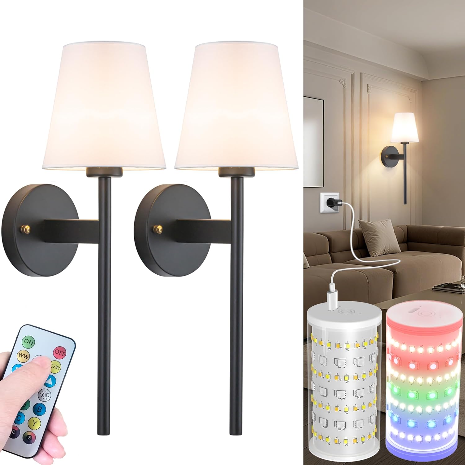 Battery Operated Wall Sconces Set of Two, Wireless Battery Wall Light with 10000mAh RGB Dimmable Magnetic Bulb and Remote, Rechargeable Sconce Wall Decor for Bedroom Living Room Hallway