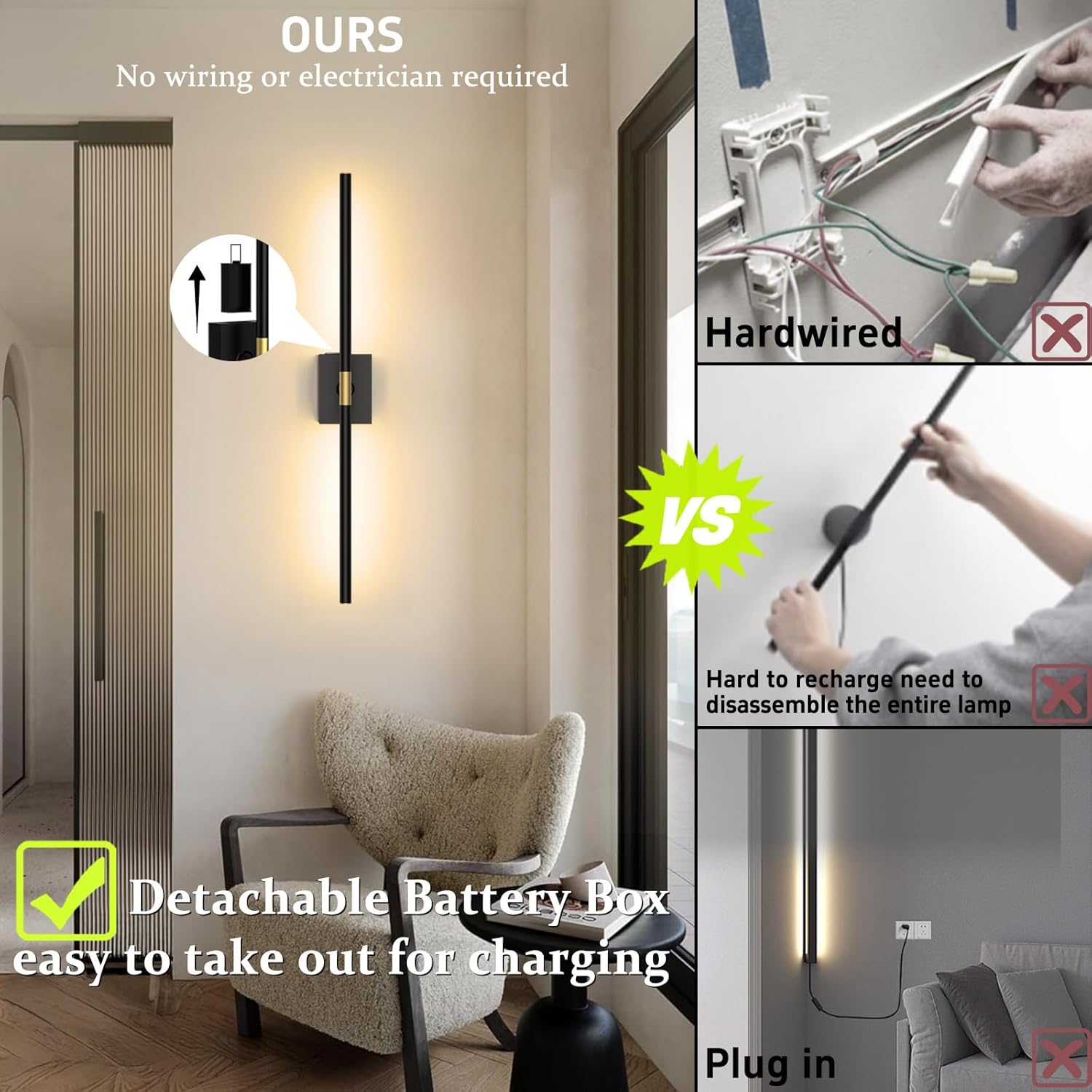 iThird Battery Operated Wall Sconces Set of 2: 10000mAh Rechargeable Wall Lights with Remote Control, 360° Rotate Wireless Wall Scone Decor for TV/Mirror Bedroom Living Room, 31.5 Inch, Black