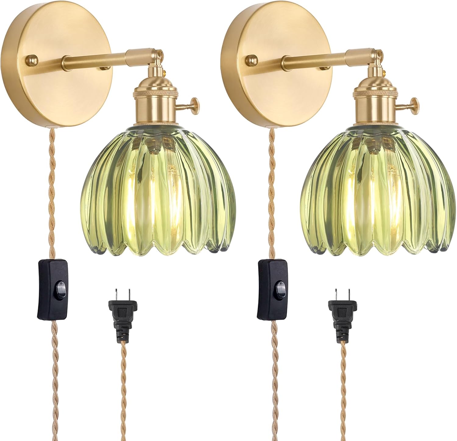 Vintage Battery Operated Wall Sconce with Cute Green Tulip Glass Lampshade Wireless Rechargeable Battery Powered Wall Light with Remote Control for Bedside Bedroom Doorway