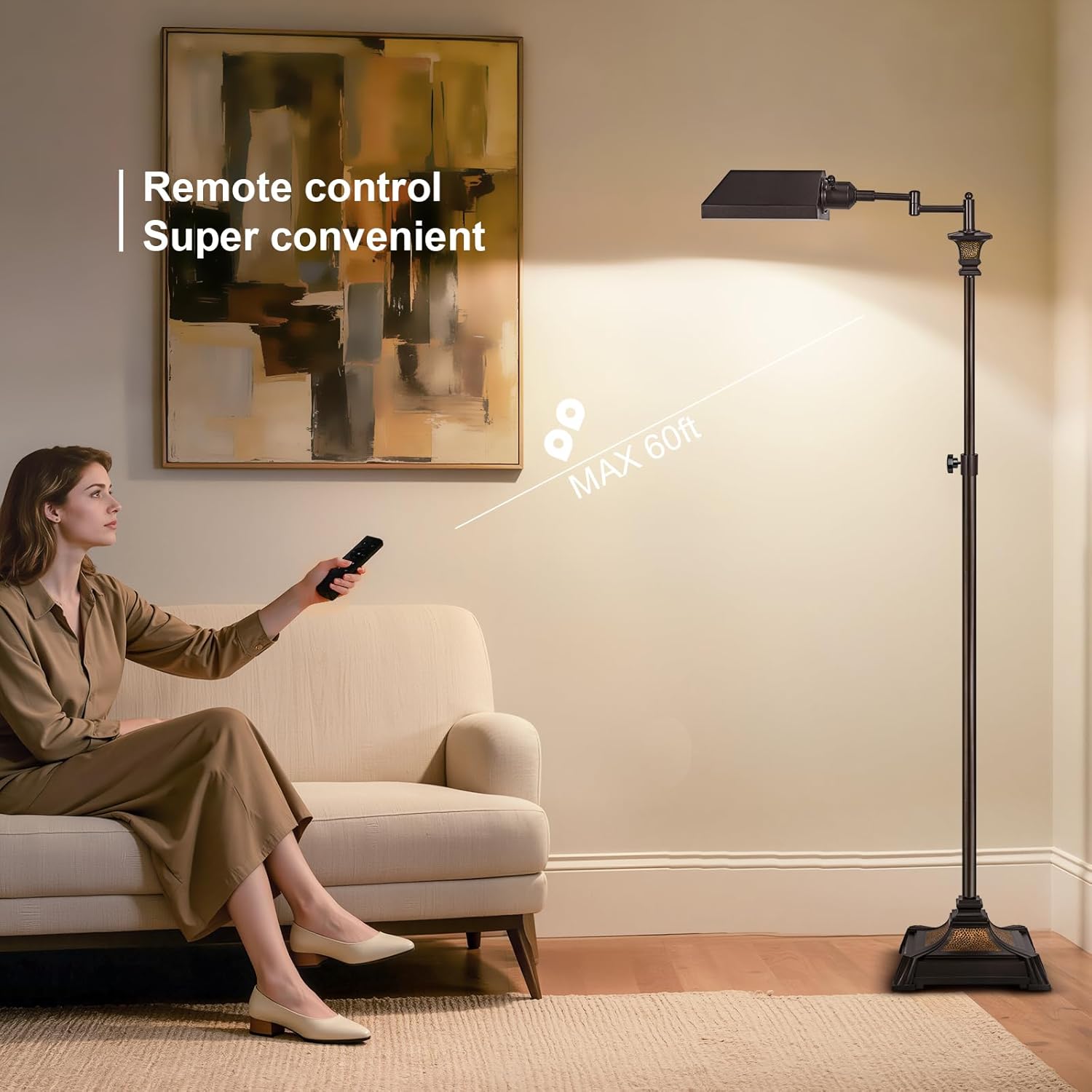 Scenekoy Adjustable Height Smart LED Floor Lamp for Living Room Bedroom, Remote Control Traditional 350º Swing Arm Standing Lamp with Swivel Metal Shade, Decor for Reading House Home Office