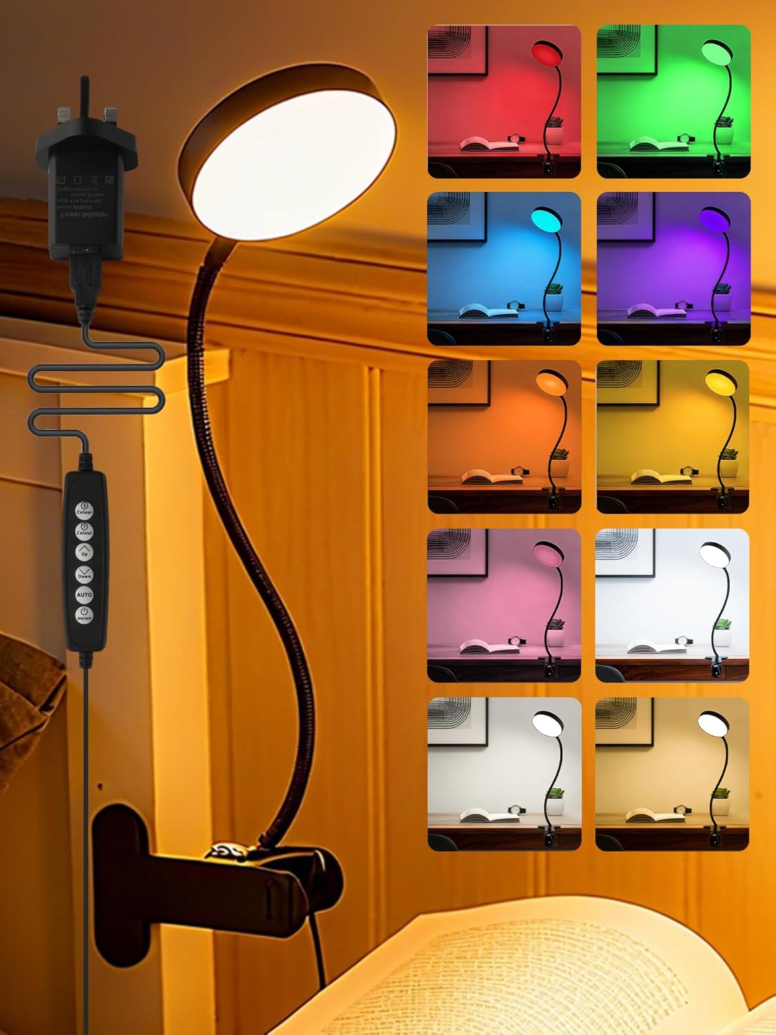 Clip on Light,10 Colors RGB & Warm White Cute Desk Lamp with Clamp, 10 Brightness Dimmable Night Light for Kids/Toddler/Baby, USB Adapter Clip on Lamp for Bedroom/Bed/Headboard/Bedside/Nursery