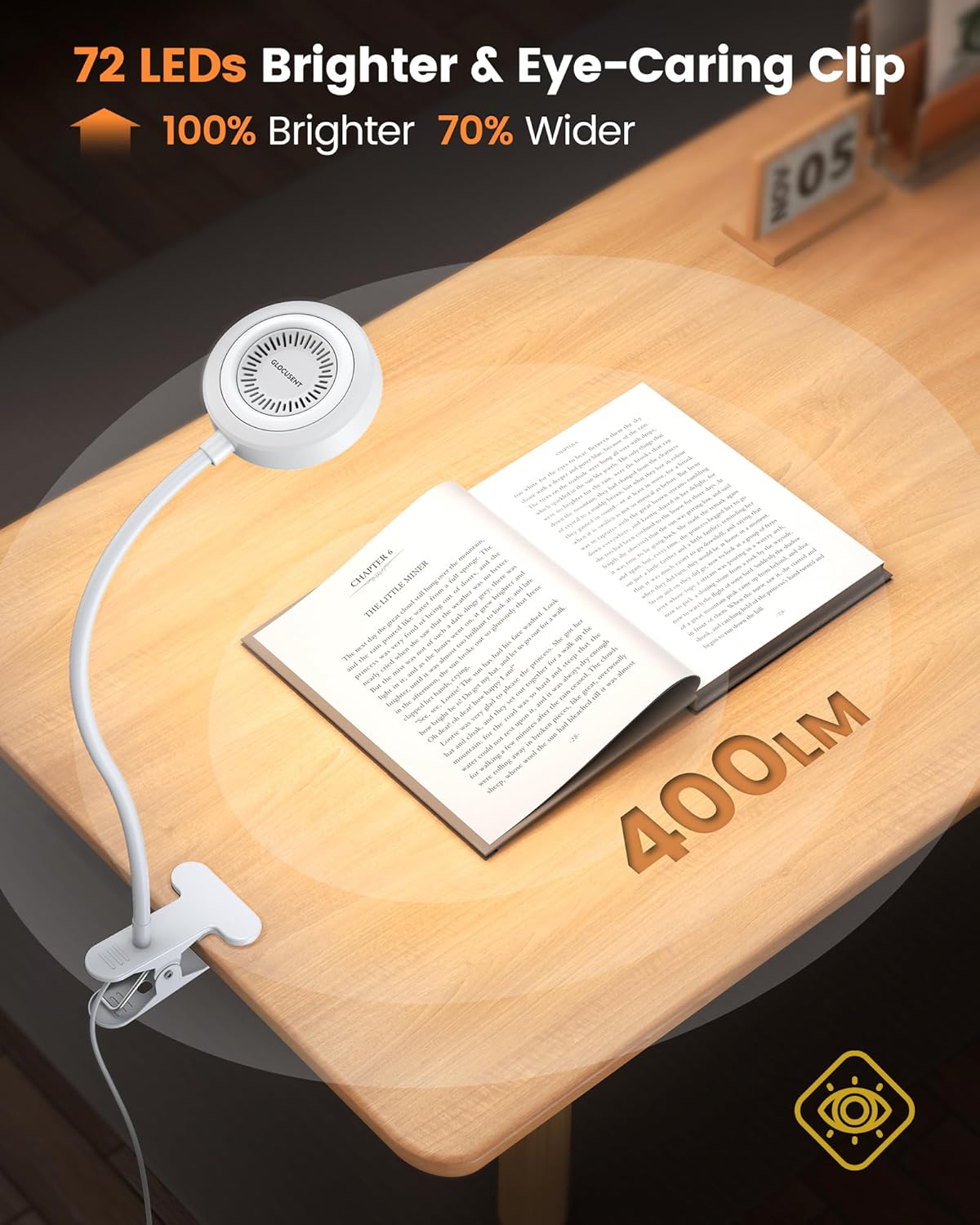 Glocusent 72 LED Clip on Lamp with Remote, Reading Light with Amber Ring, 3 Colors & 5 Dimmable Bed Lamp, 30/60-Min Auto Off Timer, Clamp Light for Headboard/Dorm/Bunk (White)