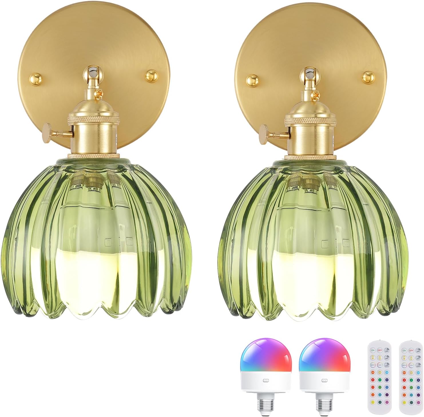 Vintage Battery Operated Wall Sconce with Cute Green Tulip Glass Lampshade Wireless Rechargeable Battery Powered Wall Light with Remote Control for Bedside Bedroom Doorway