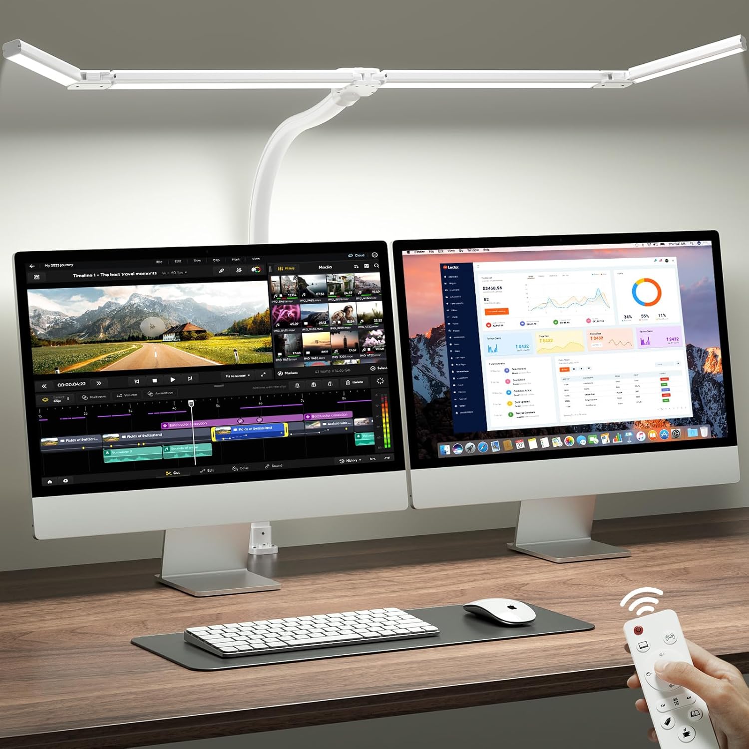 ONEMIX 42" LED Desk Lamp with Clamp, Architect Desk Light with Remote, Adjustable 4-Segment Bar, 1800LM Bright, Eye-Caring Desk Lamp for Home Office, Reading, Study, Dual Monitors, Workbench (Black)