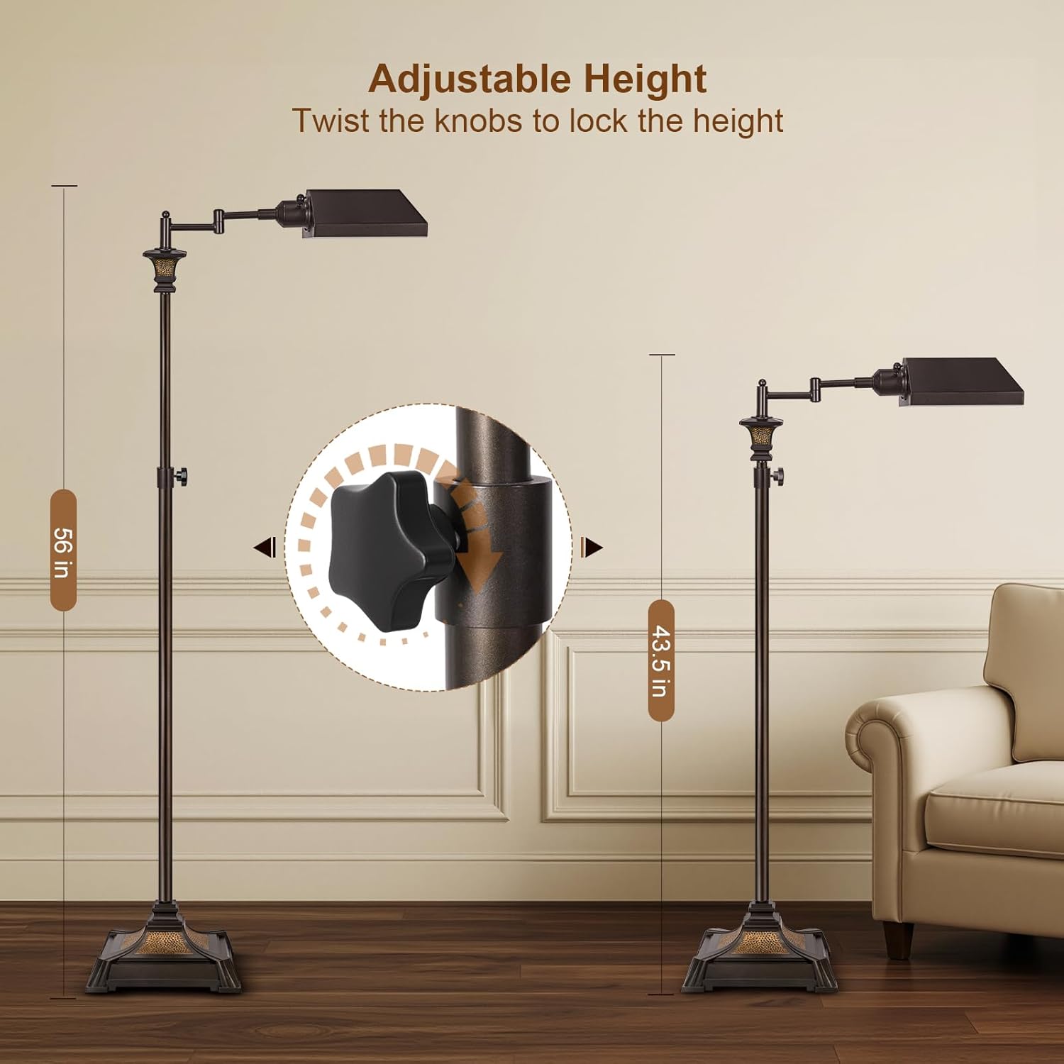 Scenekoy Adjustable Height Smart LED Floor Lamp for Living Room Bedroom, Remote Control Traditional 350º Swing Arm Standing Lamp with Swivel Metal Shade, Decor for Reading House Home Office