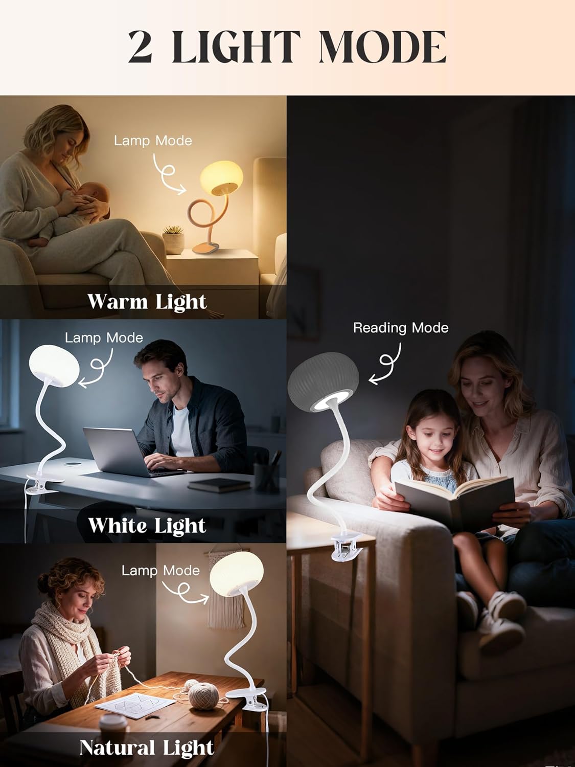 Clip on Light,10 Colors RGB & Warm White Cute Desk Lamp with Clamp, 10 Brightness Dimmable Night Light for Kids/Toddler/Baby, USB Adapter Clip on Lamp for Bedroom/Bed/Headboard/Bedside/Nursery