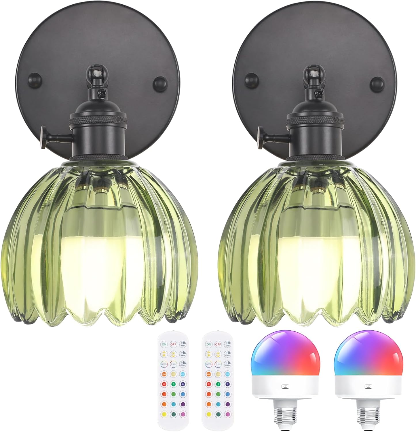 Vintage Battery Operated Wall Sconce with Cute Green Tulip Glass Lampshade Wireless Rechargeable Battery Powered Wall Light with Remote Control for Bedside Bedroom Doorway