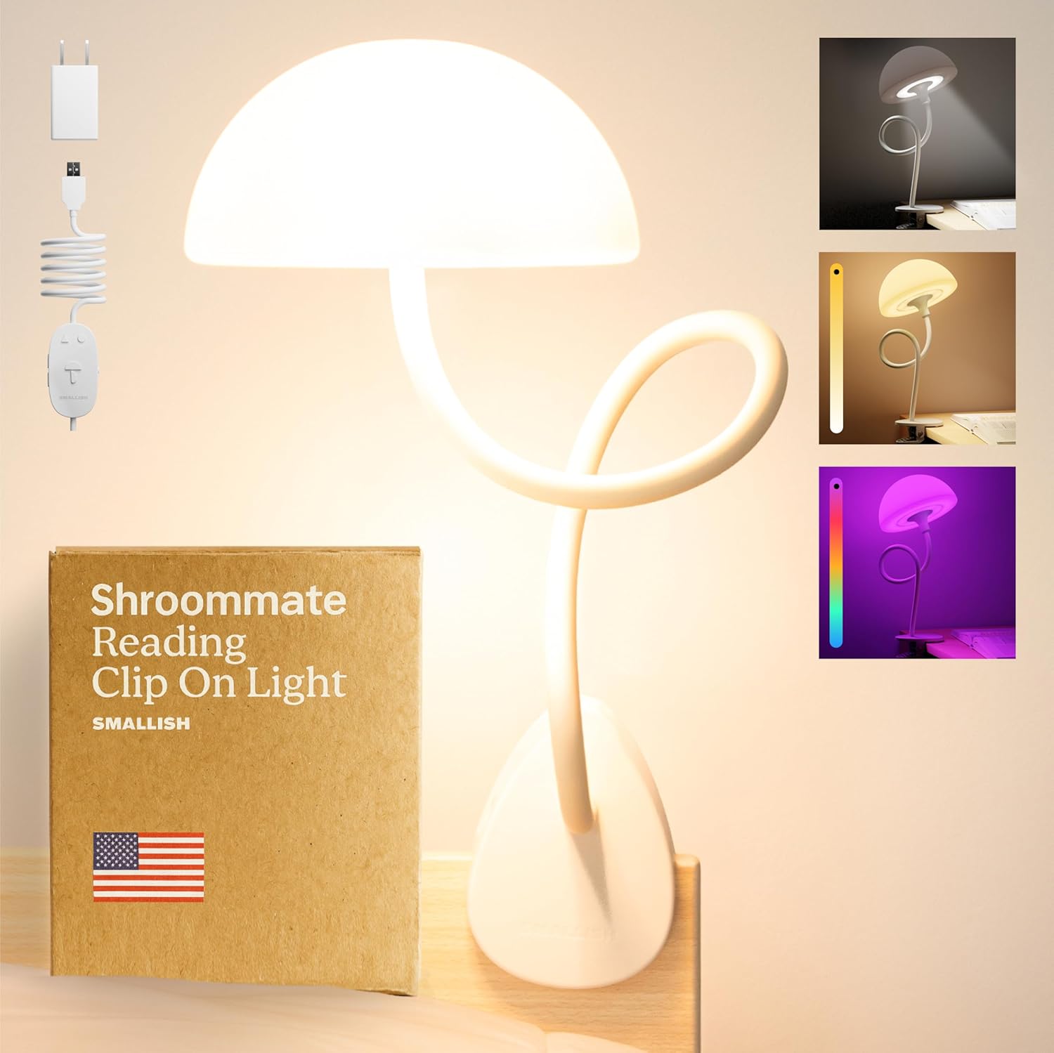 Shroommate Clip On Light and Bed Headboard Lamp, Bedside Table Lamp for Dorm, College Dorm Room Essentials, Night Light for Kids Nursery, Clip on for Desk, MultiColor LEDs, Adapter Included (Black)