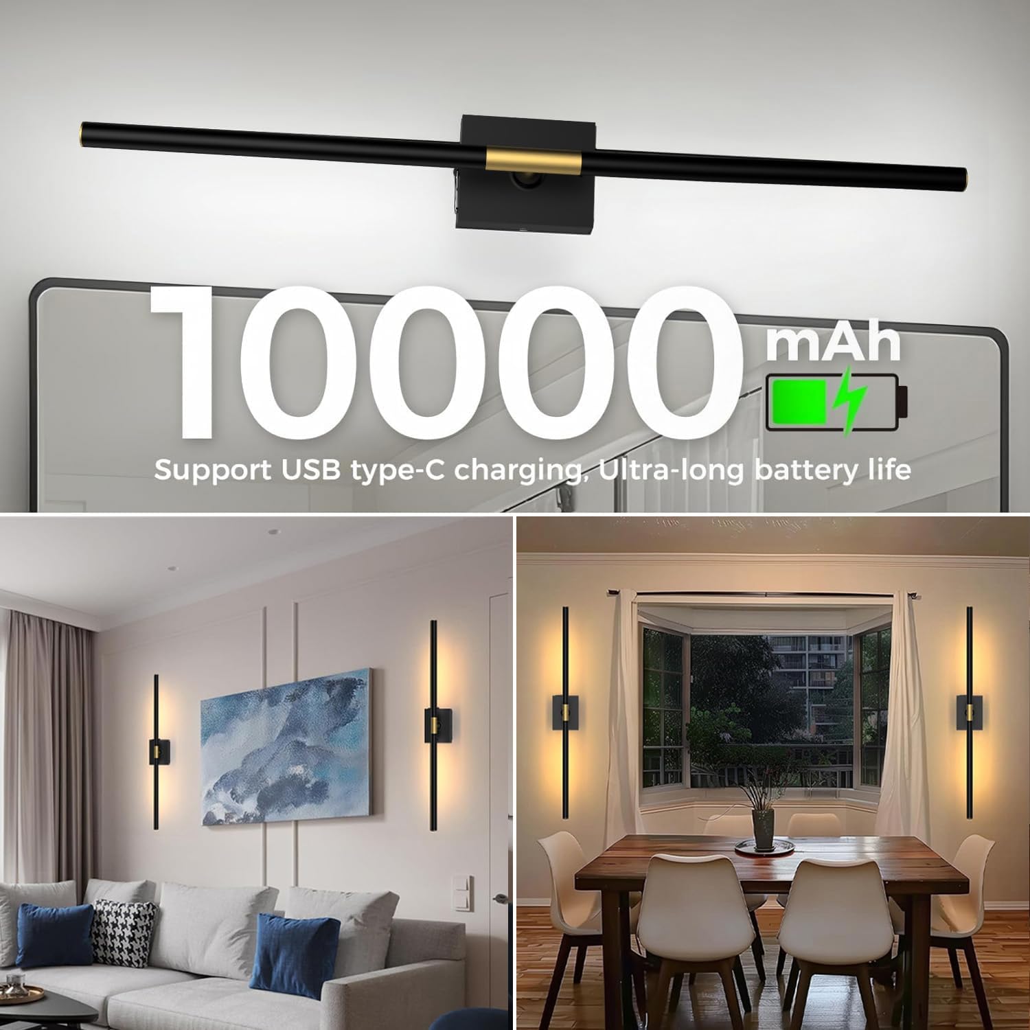 iThird Battery Operated Wall Sconces Set of 2: 10000mAh Rechargeable Wall Lights with Remote Control, 360° Rotate Wireless Wall Scone Decor for TV/Mirror Bedroom Living Room, 31.5 Inch, Black