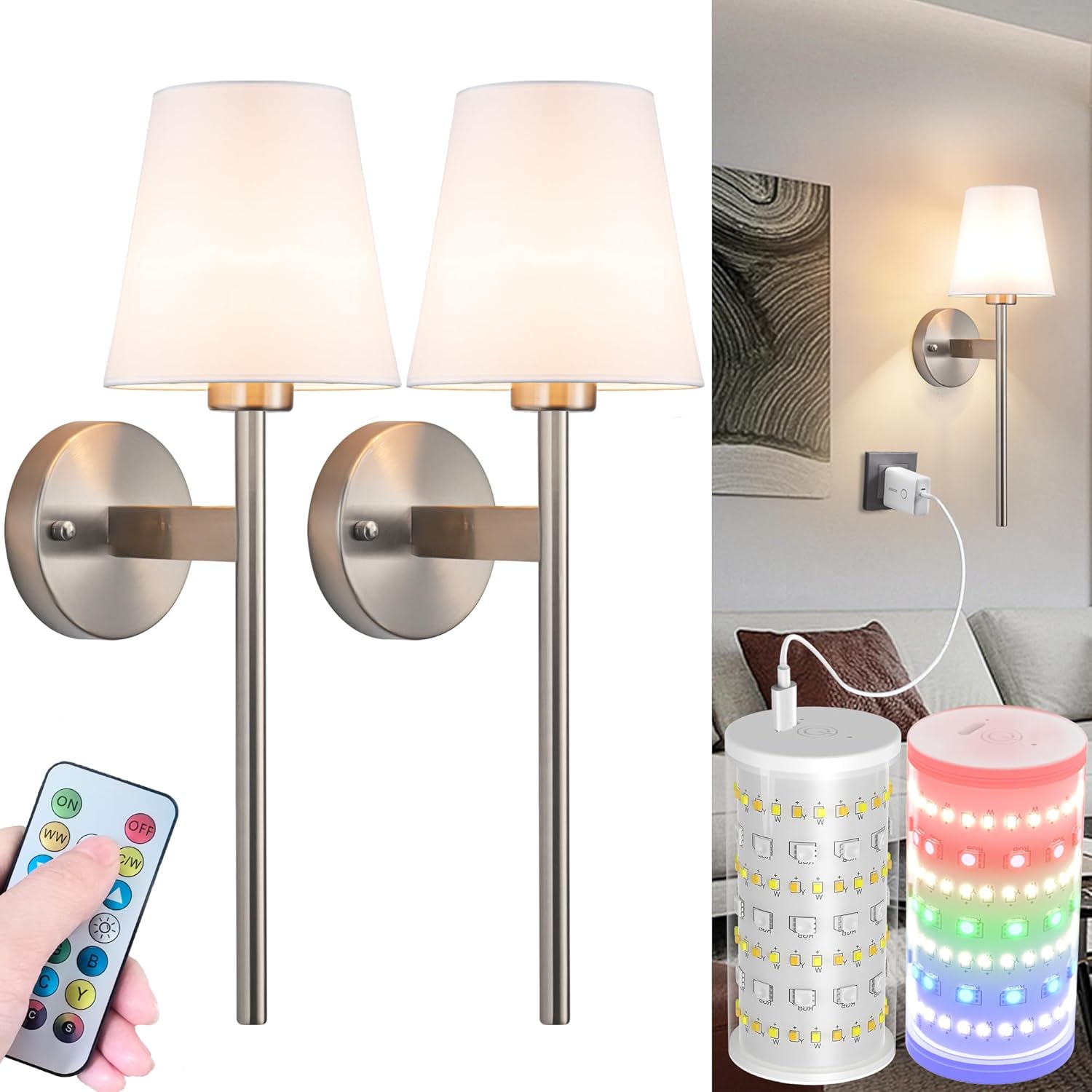 Battery Operated Wall Sconces Set of Two, Wireless Battery Wall Light with 10000mAh RGB Dimmable Magnetic Bulb and Remote, Rechargeable Sconce Wall Decor for Bedroom Living Room Hallway