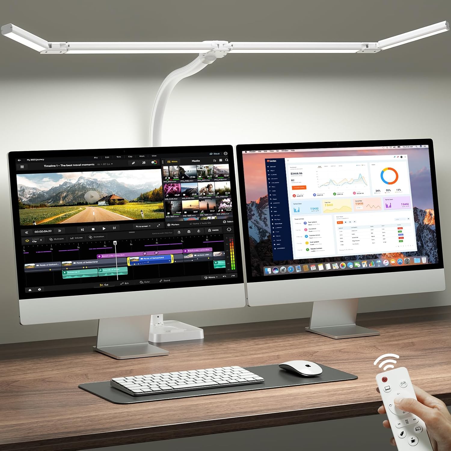 ONEMIX 42" LED Desk Lamp with Clamp, Architect Desk Light with Remote, Adjustable 4-Segment Bar, 1800LM Bright, Eye-Caring Desk Lamp for Home Office, Reading, Study, Dual Monitors, Workbench (Black)