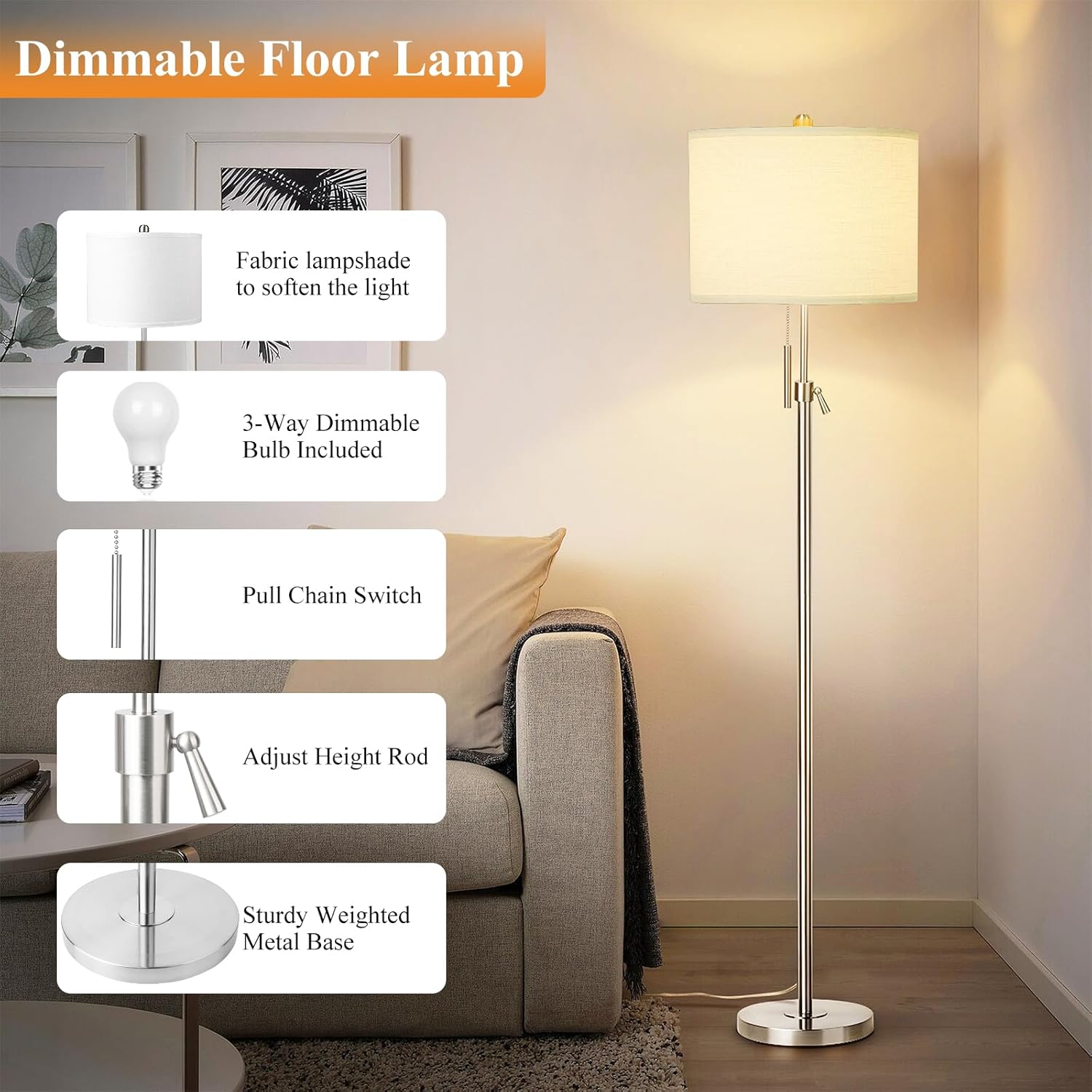 Brushed Nickel Floor Lamp for Living Room, Adjustable Height Standing Lamp with Metal Base, 3-Way Dimmable Tall Pole Light with White Linen Shade for Bedroom, Pull Chain Switch, 6W LED Bulb Included