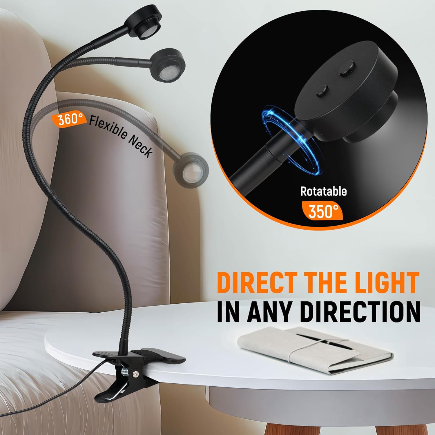 Clip On Light, 3 Color Mode Dimmable LED Book Light, Flexible Reading Light Desk Lamp for Studying,Working,Crafting,Hobbies, Eye-Care CRI95+,USB-C Adapter Included