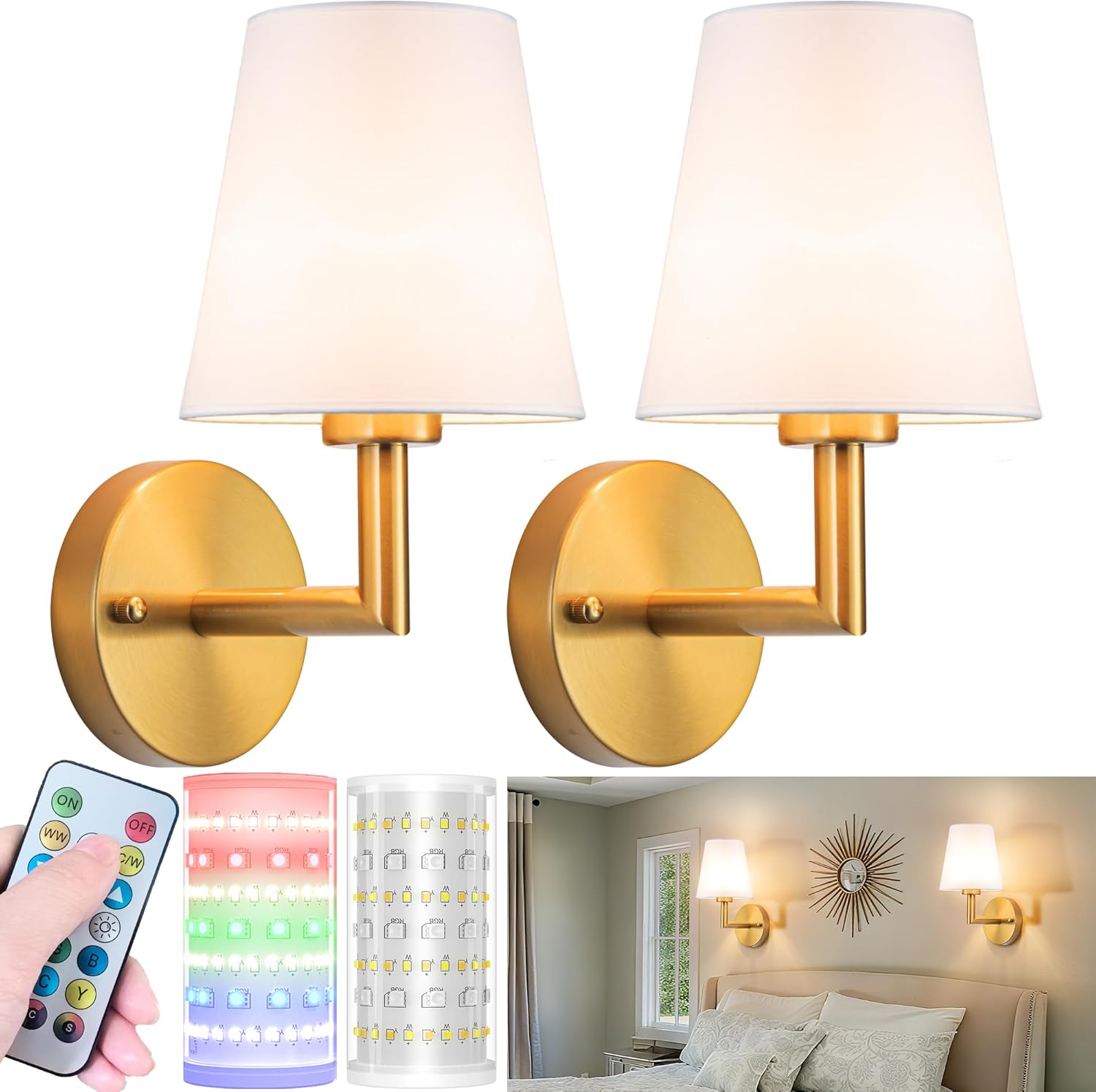 Battery Operated Wall Sconces Set of Two, Wireless Battery Wall Light with 10000mAh RGB Dimmable Magnetic Bulb and Remote, Rechargeable Sconce Wall Decor for Bedroom Living Room Hallway