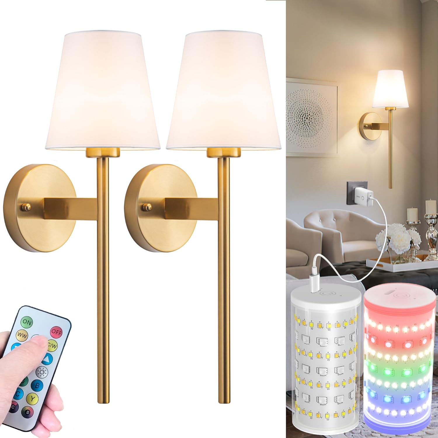 Battery Operated Wall Sconces Set of Two, Wireless Battery Wall Light with 10000mAh RGB Dimmable Magnetic Bulb and Remote, Rechargeable Sconce Wall Decor for Bedroom Living Room Hallway