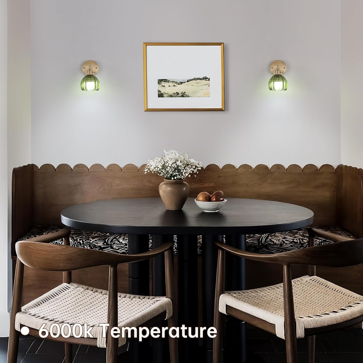 Vintage Battery Operated Wall Sconce with Cute Green Tulip Glass Lampshade Wireless Rechargeable Battery Powered Wall Light with Remote Control for Bedside Bedroom Doorway