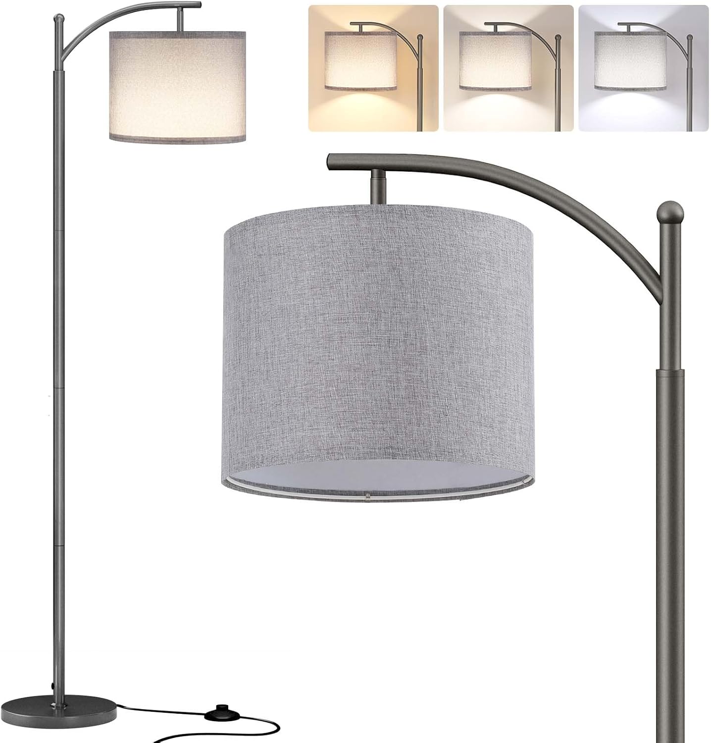 SUNMORY Arc Floor Lamp,Modern Floor Lamp with 9W 3 Color Temperatures Bulb,Metal Standing Lamps with Adjustable Hanging Lampshade,Tall Floor Lamps for Living Room,Bedroom,Office (Black)