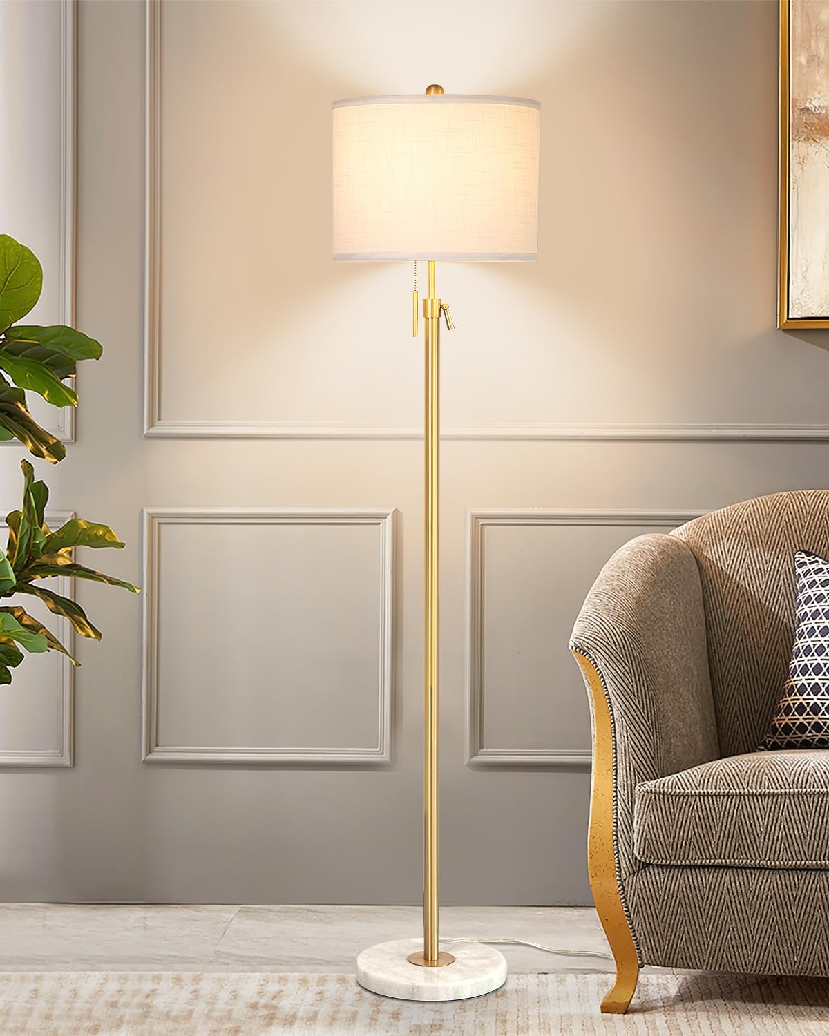 Brushed Nickel Floor Lamp for Living Room, Adjustable Height Standing Lamp with Metal Base, 3-Way Dimmable Tall Pole Light with White Linen Shade for Bedroom, Pull Chain Switch, 6W LED Bulb Included