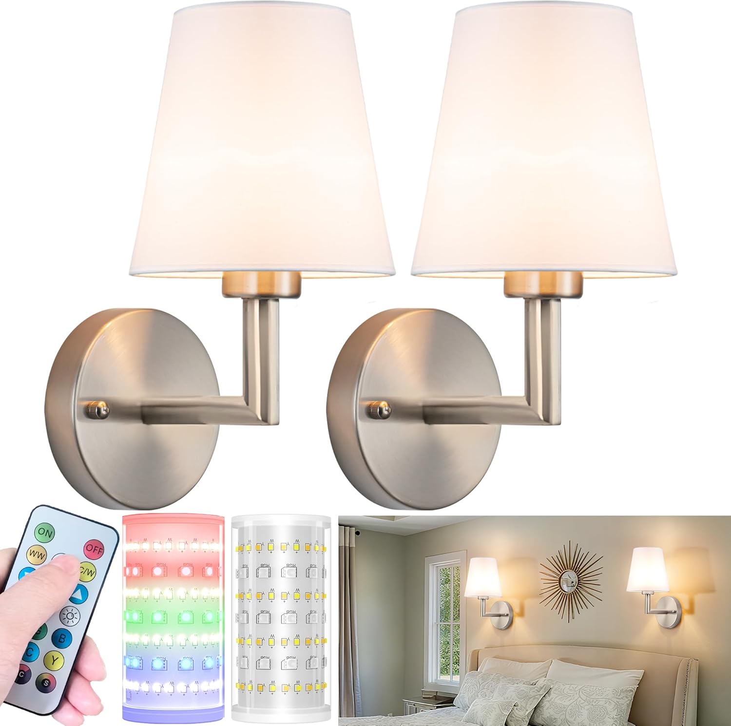Battery Operated Wall Sconces Set of Two, Wireless Battery Wall Light with 10000mAh RGB Dimmable Magnetic Bulb and Remote, Rechargeable Sconce Wall Decor for Bedroom Living Room Hallway