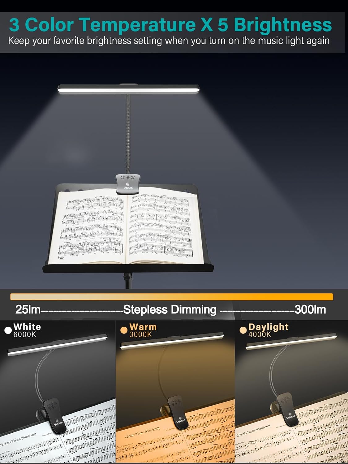 Vekkia Professional 88 LED Rechargeable Music Stand Light - Foldable Clip-on Lamp, Eye-Protective, 5 Brightness & 3 Color Temp Adjustments, for Piano, Reading