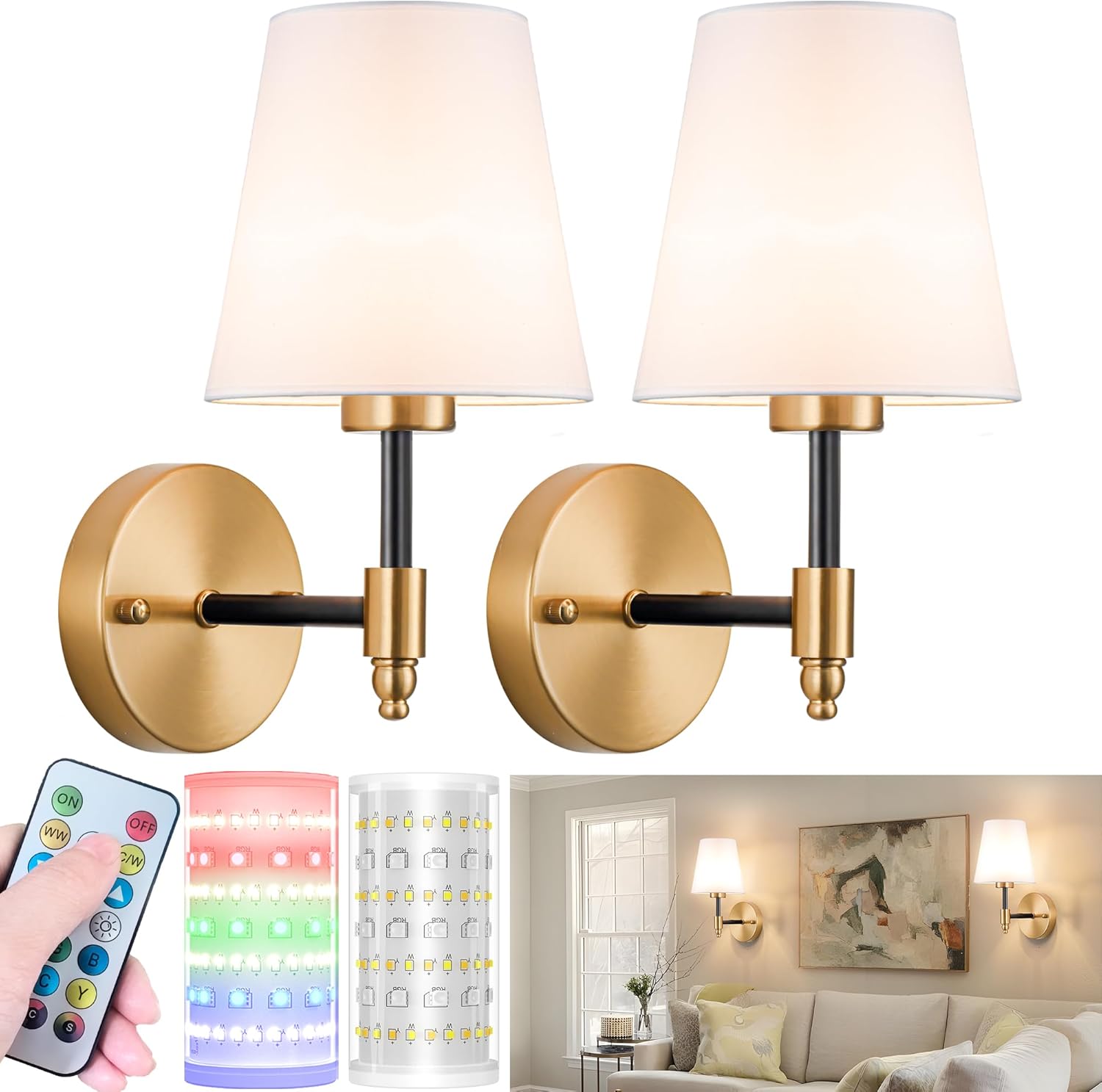 Battery Operated Wall Sconces Set of Two, Wireless Battery Wall Light with 10000mAh RGB Dimmable Magnetic Bulb and Remote, Rechargeable Sconce Wall Decor for Bedroom Living Room Hallway