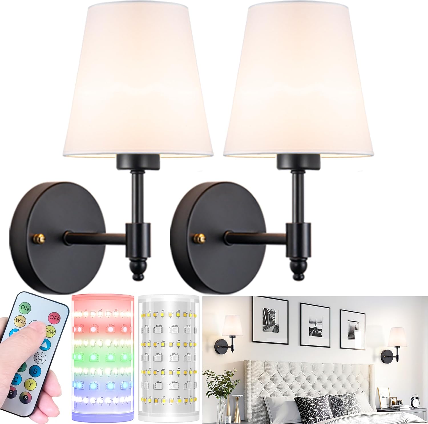 Battery Operated Wall Sconces Set of Two, Wireless Battery Wall Light with 10000mAh RGB Dimmable Magnetic Bulb and Remote, Rechargeable Sconce Wall Decor for Bedroom Living Room Hallway
