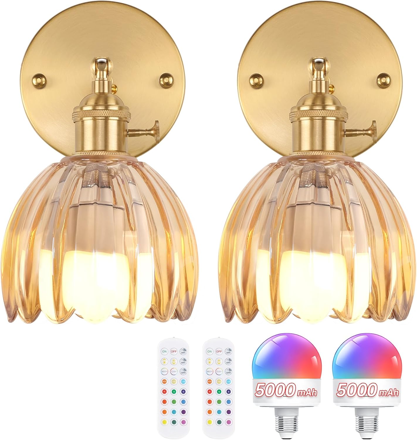 Vintage Battery Operated Wall Sconce with Cute Green Tulip Glass Lampshade Wireless Rechargeable Battery Powered Wall Light with Remote Control for Bedside Bedroom Doorway