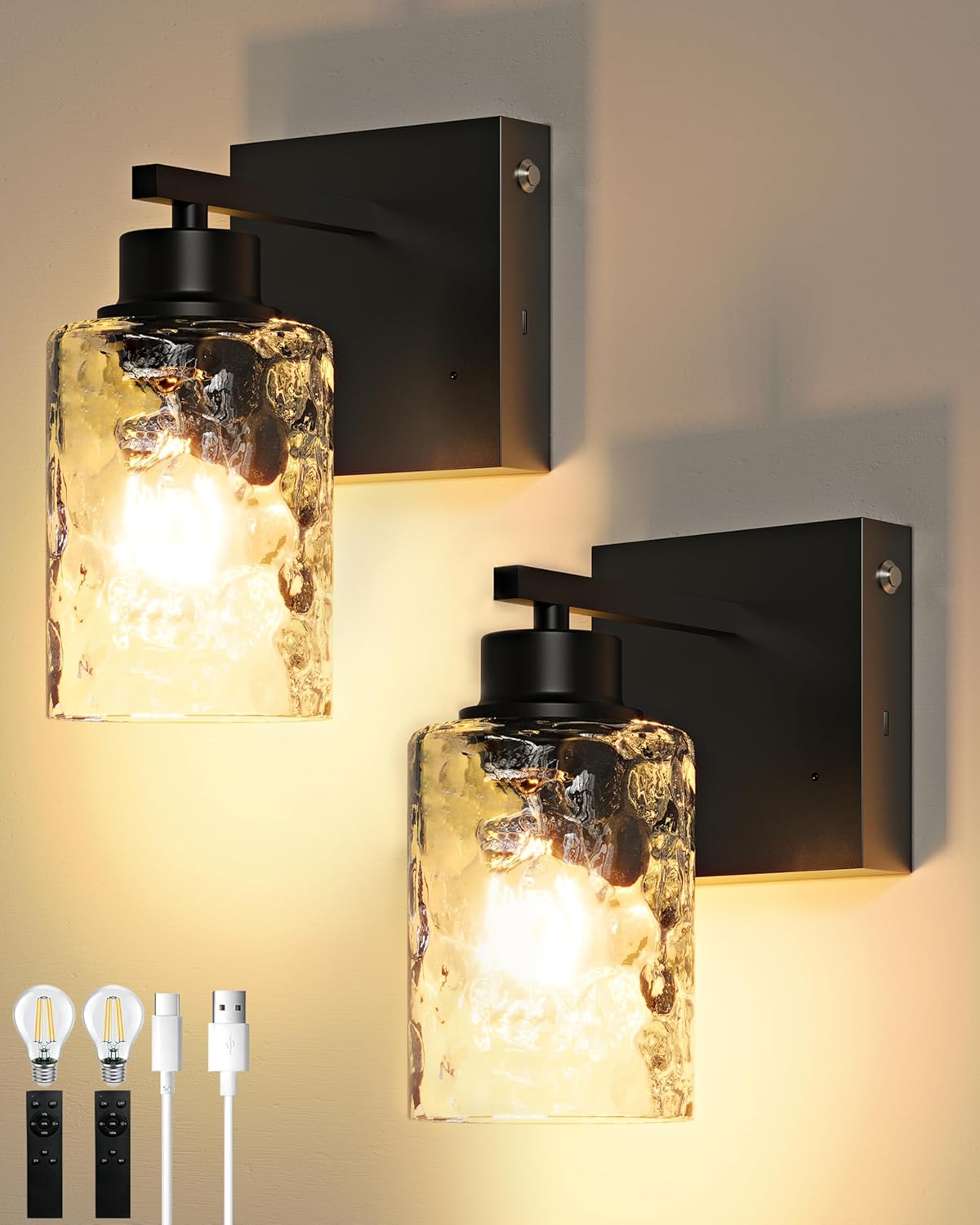 Battery Operated Wall Sconce Set of 2, Black Rechargeable Wall Lights with Timer Function, Easy Install Dimmable Wireless Wall Lamps Sconces Wall Decor for Living Room Bedroom Hallway, Emergency 3000K