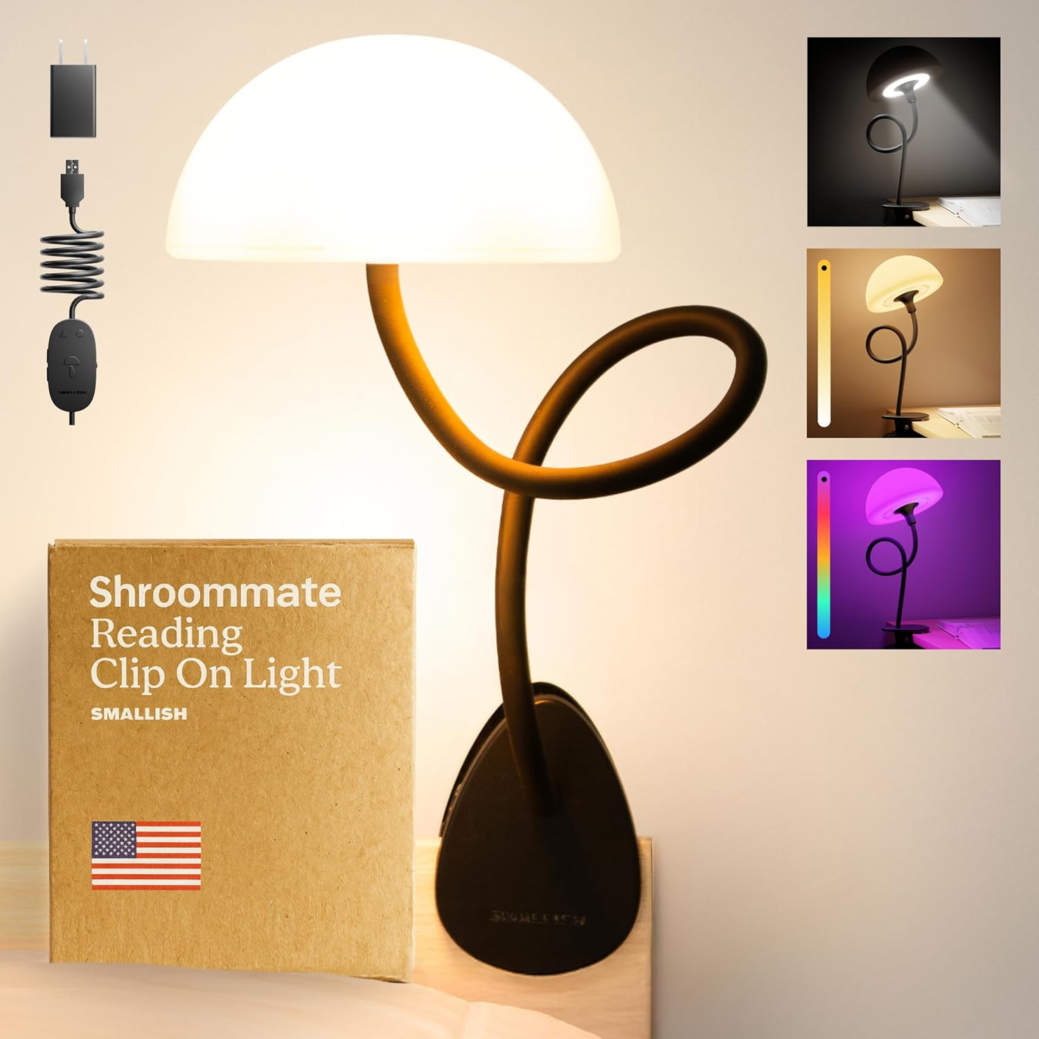 Shroommate Clip On Light and Bed Headboard Lamp, Bedside Table Lamp for Dorm, College Dorm Room Essentials, Night Light for Kids Nursery, Clip on for Desk, MultiColor LEDs, Adapter Included (White)