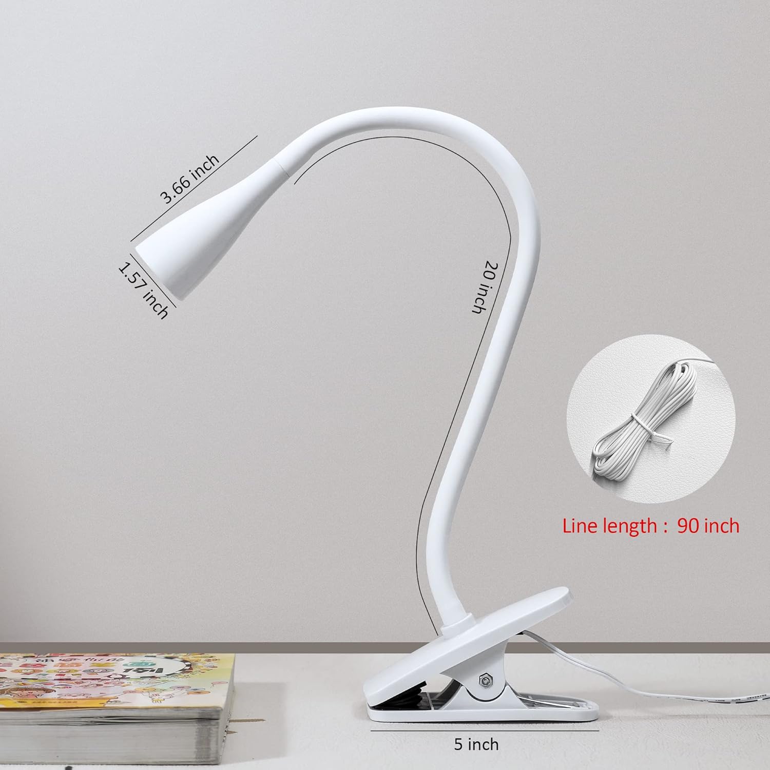 LED Reading Light, Eye-Caring Book Light for Reading in Bed, 360° Flexible Clip on headboard lamp, 5W 3000k Desk Lamp with Clamp for Bedroom, Office, Painting, Workbench and Sewing, White